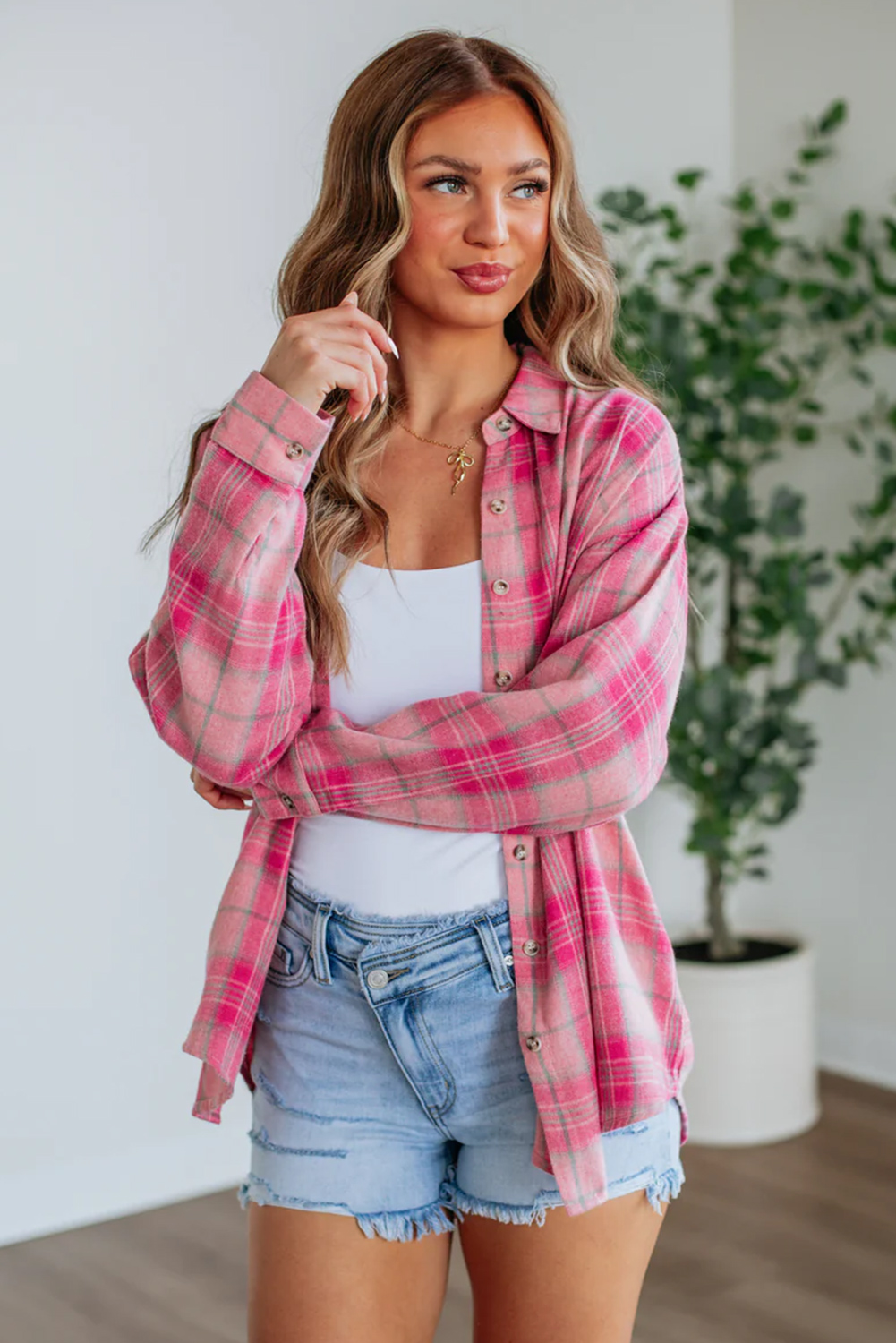 Sachet Pink Plaid Print Rounded Hem Long Sleeve Shirt with Pockets - loveforevers