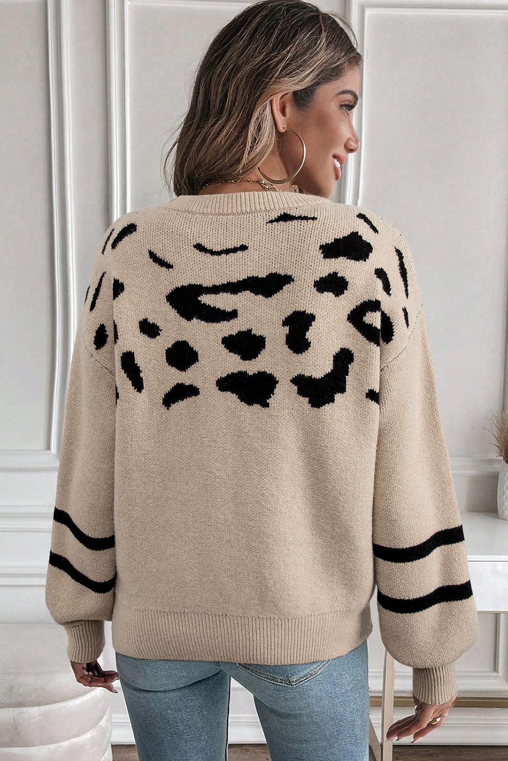Khaki Leopard Striped Detail Drop Shoulder Sweater - loveforevers
