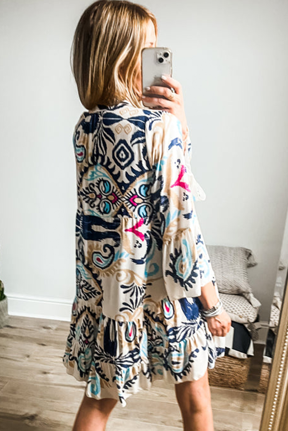 White Printed Tribal Bracelet Sleeve Buttoned Mini Dress - loveforevers