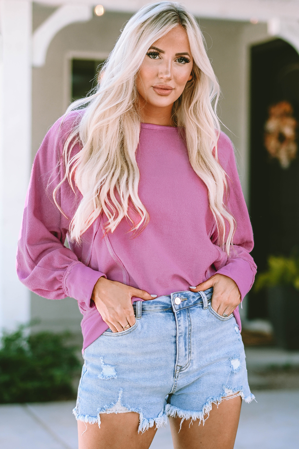 Pink Exposed Seam Round Neck Terry Pullover - loveforevers