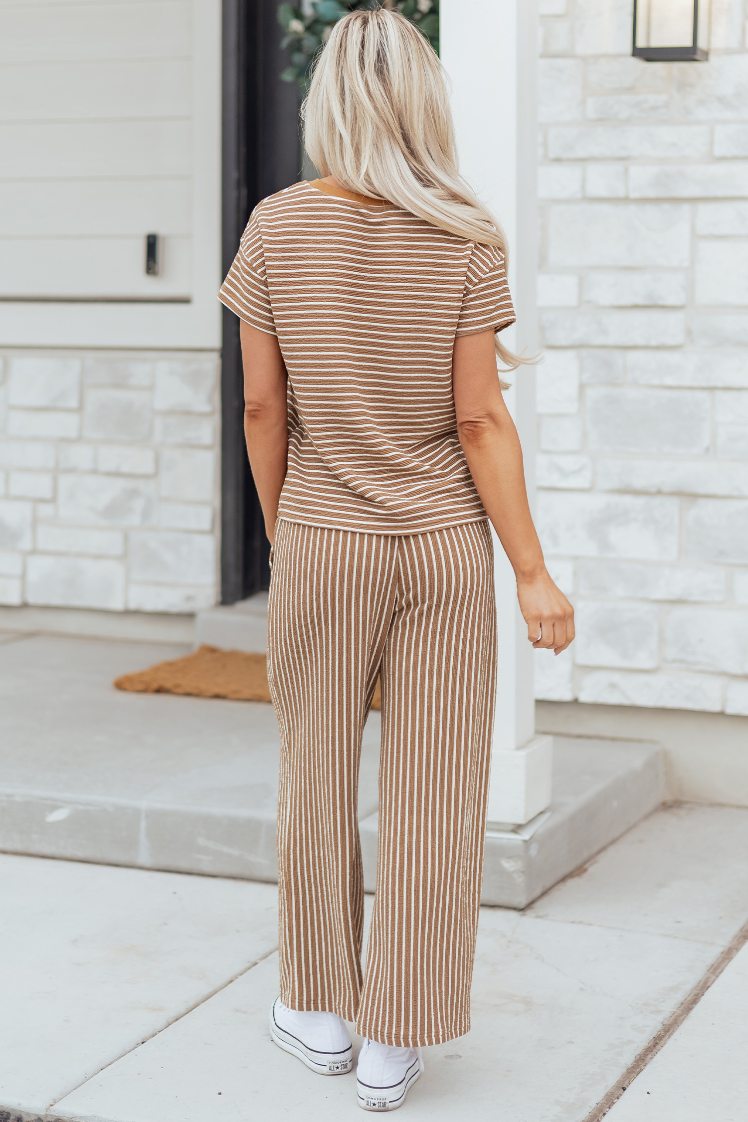 Khaki Stripe Crew Neck Tee Drawstring Waist Cropped Pants Set - loveforevers