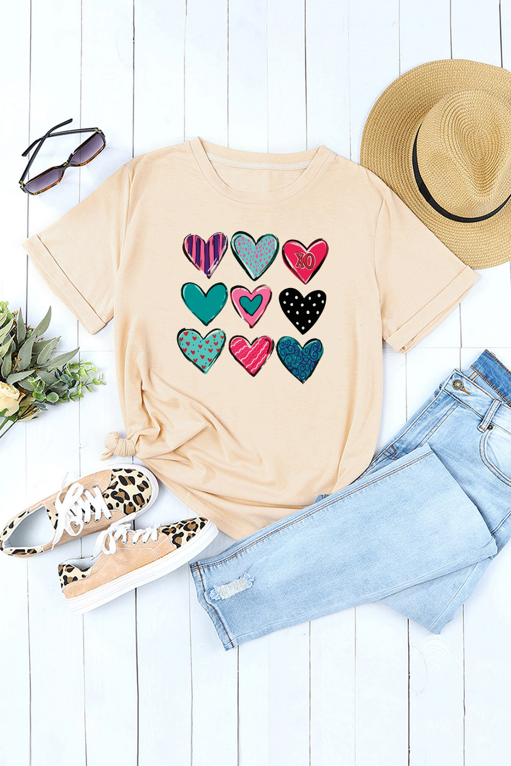 Khaki Valentines Multi Pattern Heart Shape Graphic T Shirt - loveforevers