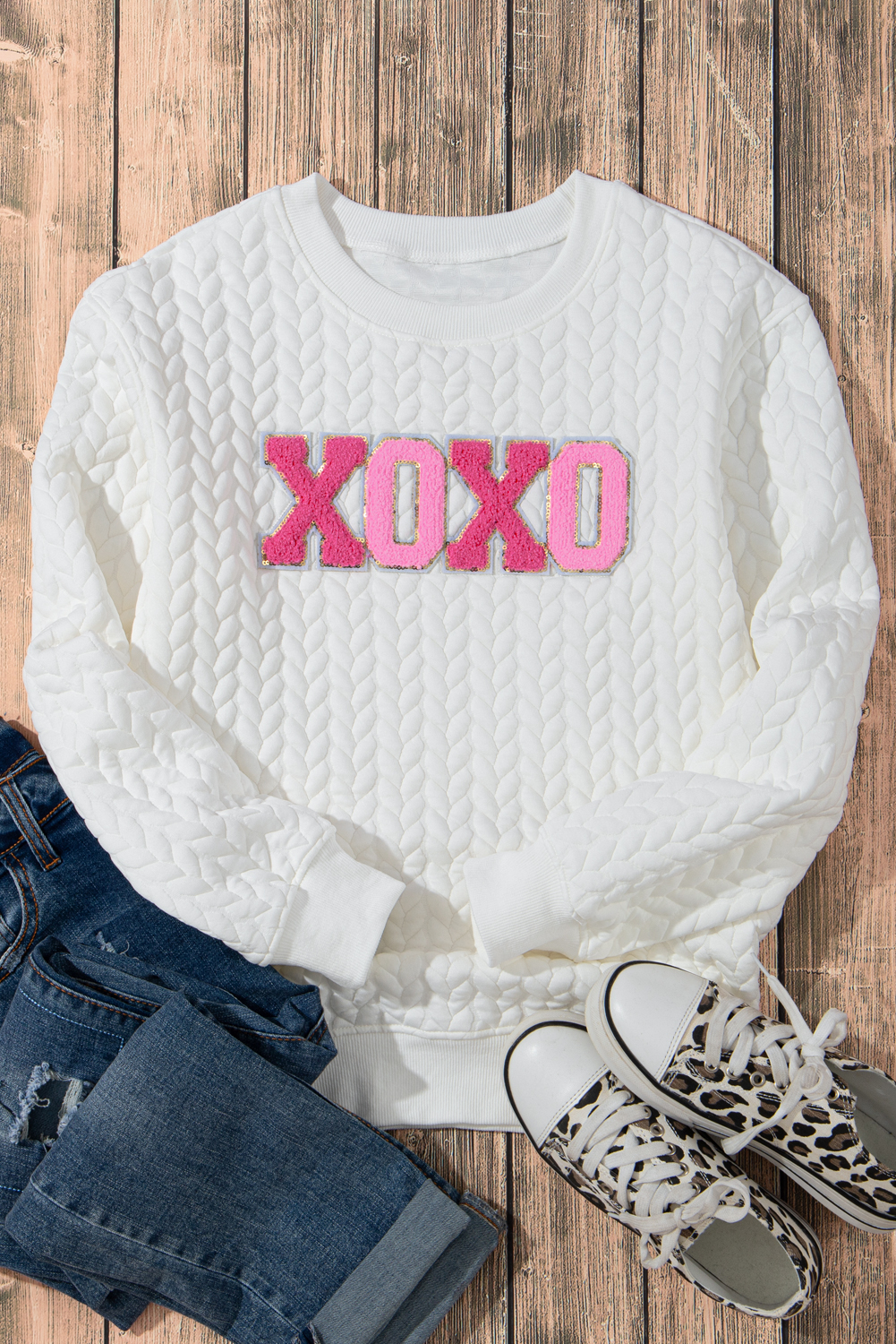 White LOVE Chenille Embroidered Cable Knit Pullover Sweatshirt - loveforevers