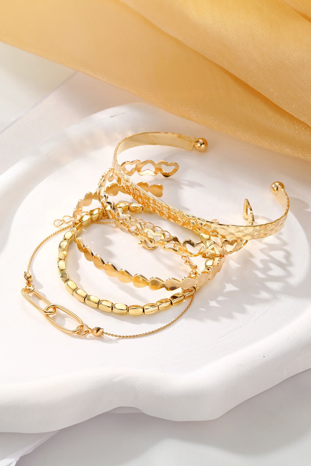 Gold Heart Plated Multi Layer Open Cuff Bracelet Set - loveforevers