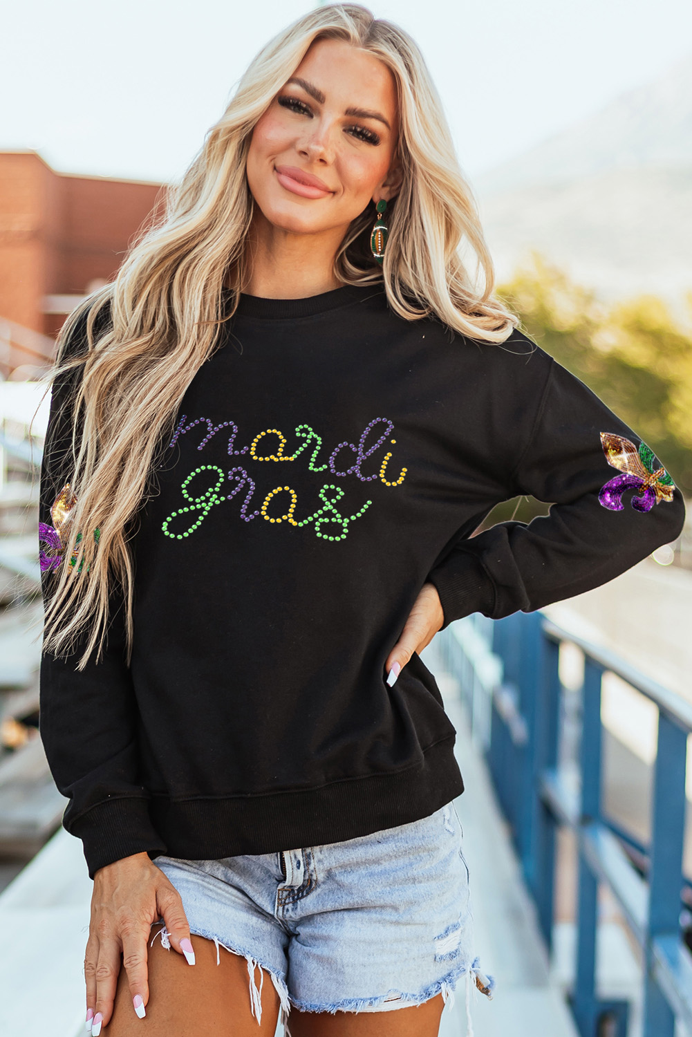 Black Ceramic Rhinestone mardi gras Letter Graphic Sweatshirt - loveforevers