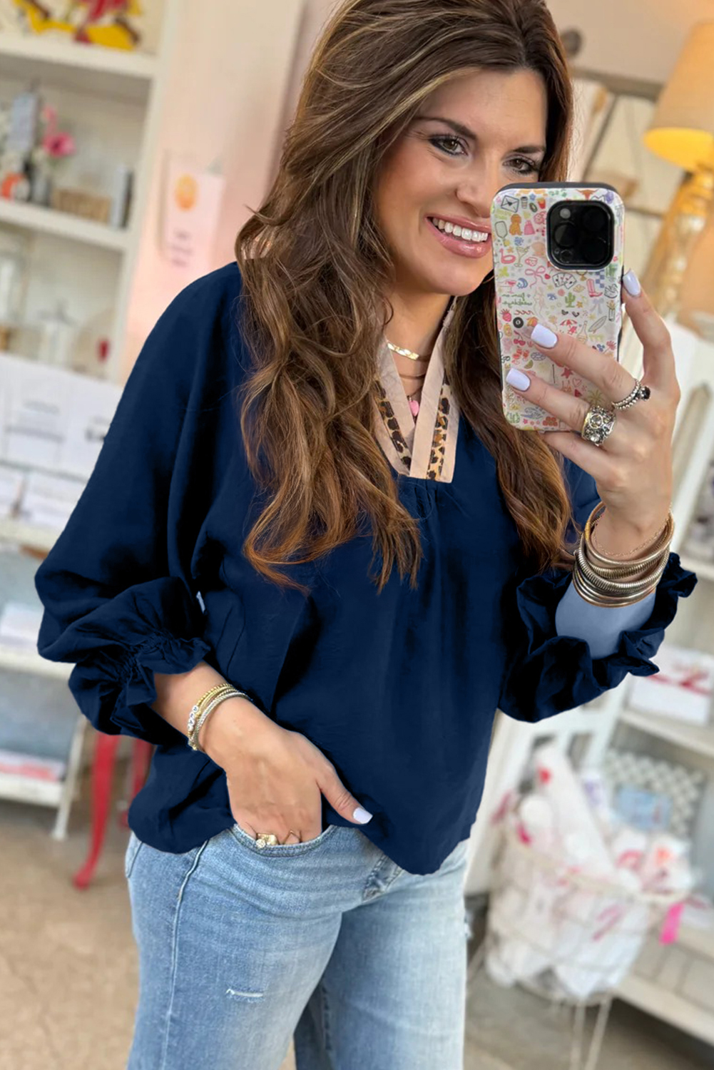 Dirty blue Leopard Trim V Neck Flounced Bracelet Sleeve Blouse - loveforevers