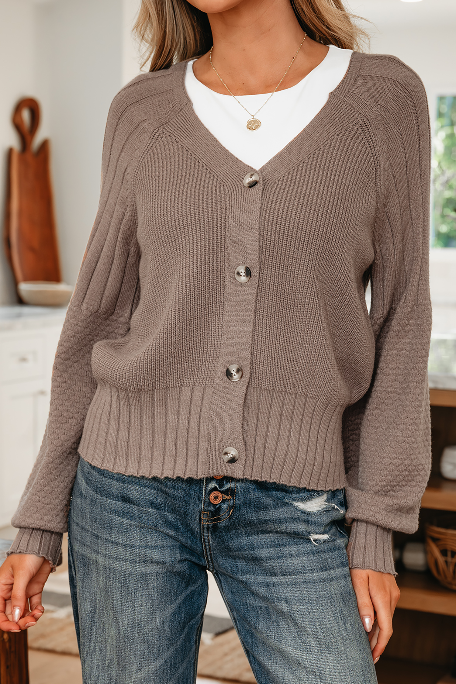 Light Pink Mixed Texture Knit Button V Neck Sweater Cardigan - loveforevers