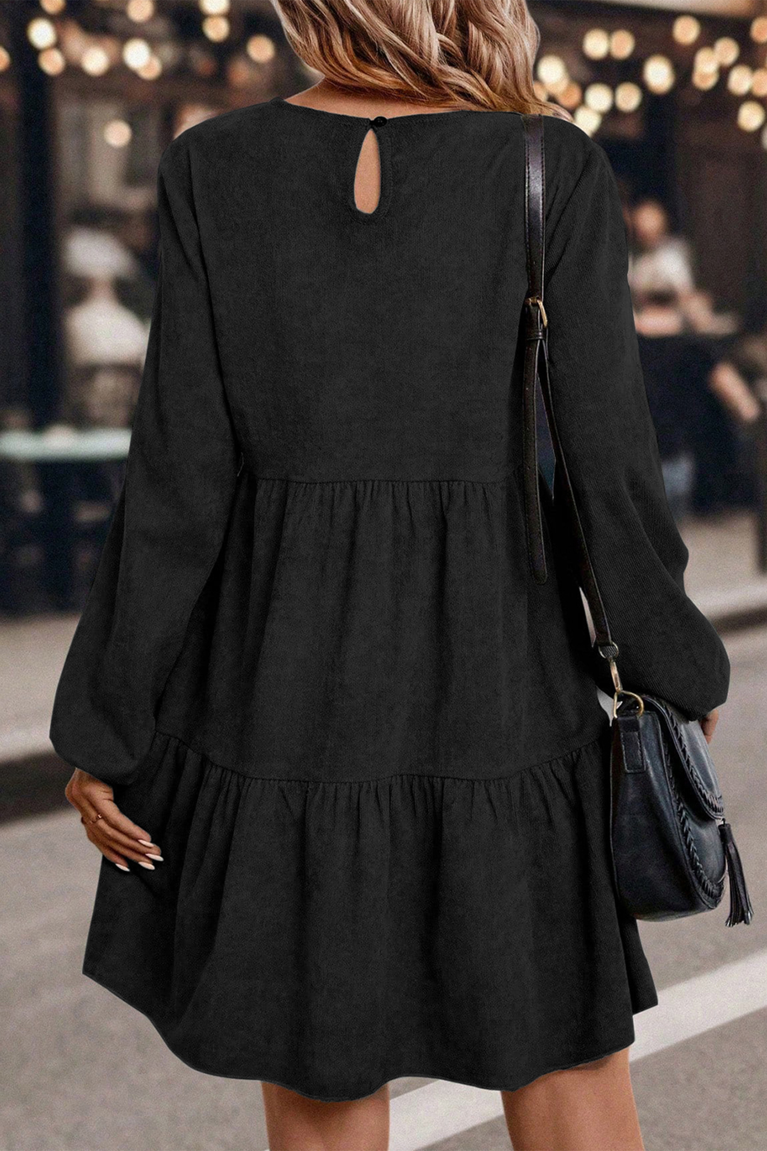 Black Lantern Sleeve Tiered Mini Dress - loveforevers
