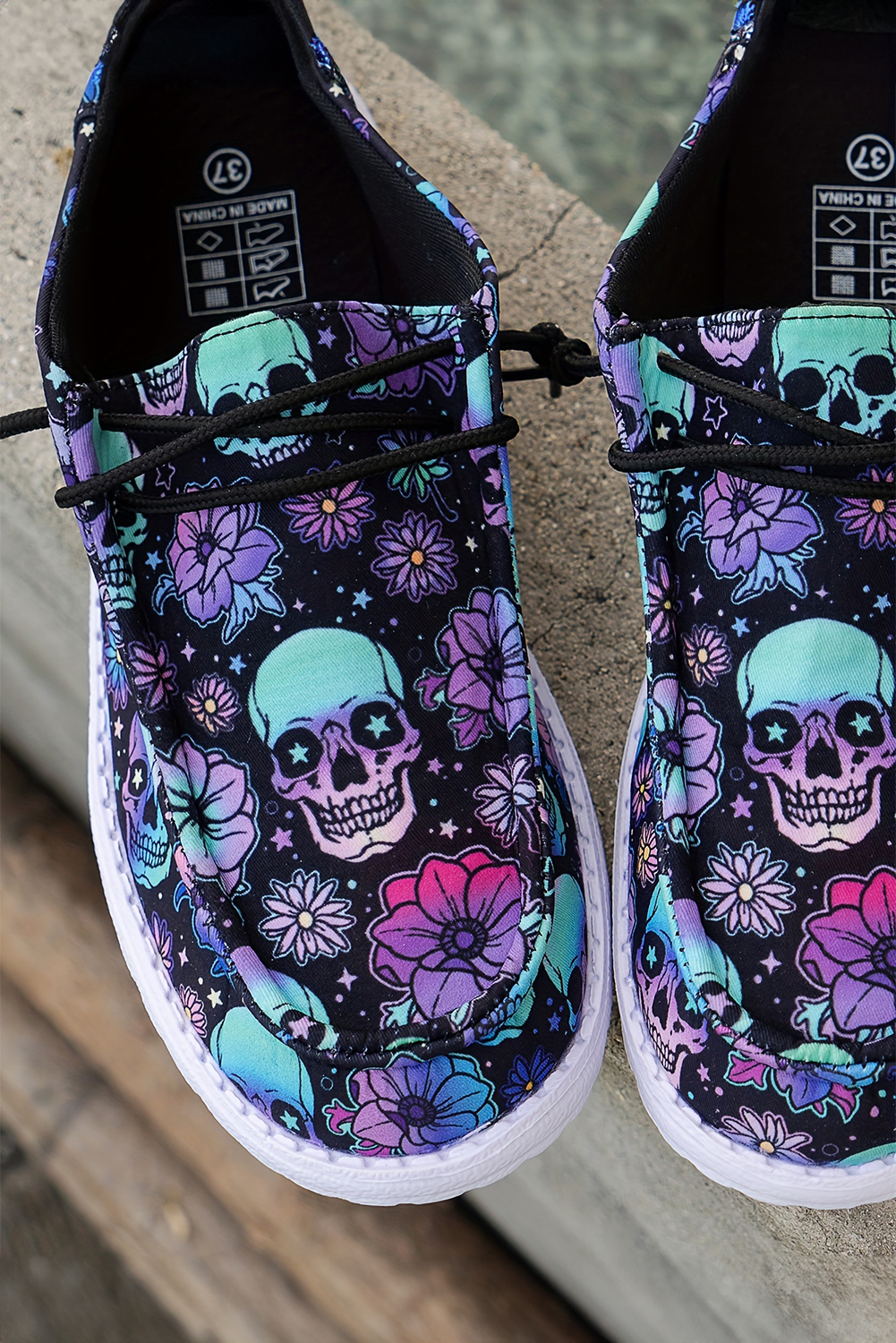 Dark Blue Sugar Skull Print Lace-up Detail Halloween Flat Shoes - loveforevers