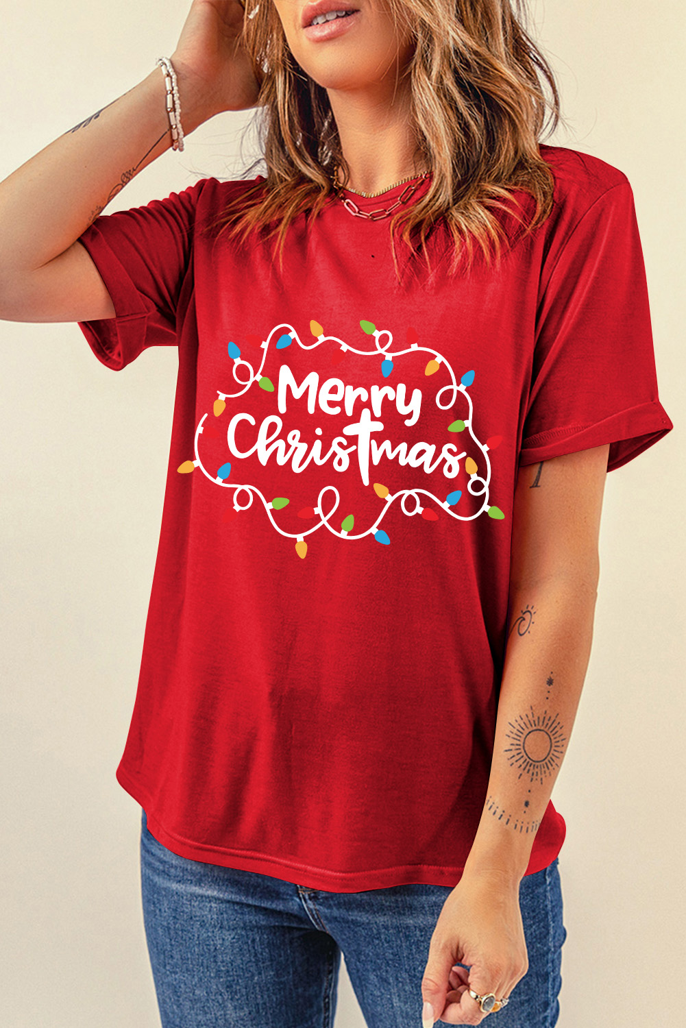 Red Merry Christmas Lights Print Crew Neck T Shirt - loveforevers