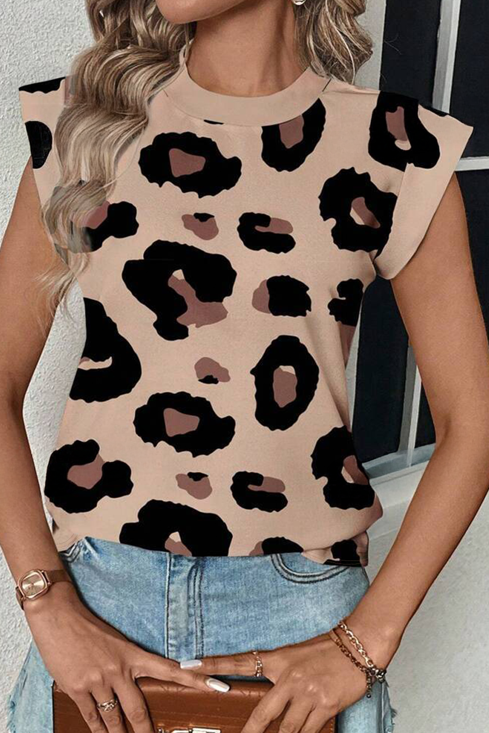 Khaki Leopard Crew Neck Cap Sleeve Casual Tee - loveforevers