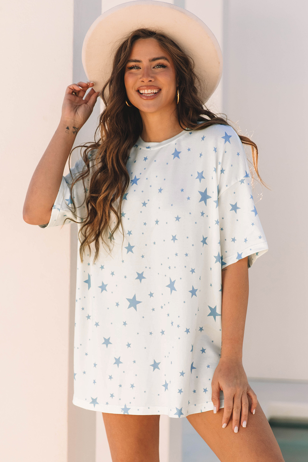 Sky Blue Stars Print Drop Shoulder Oversized T Shirt with Slits - loveforevers