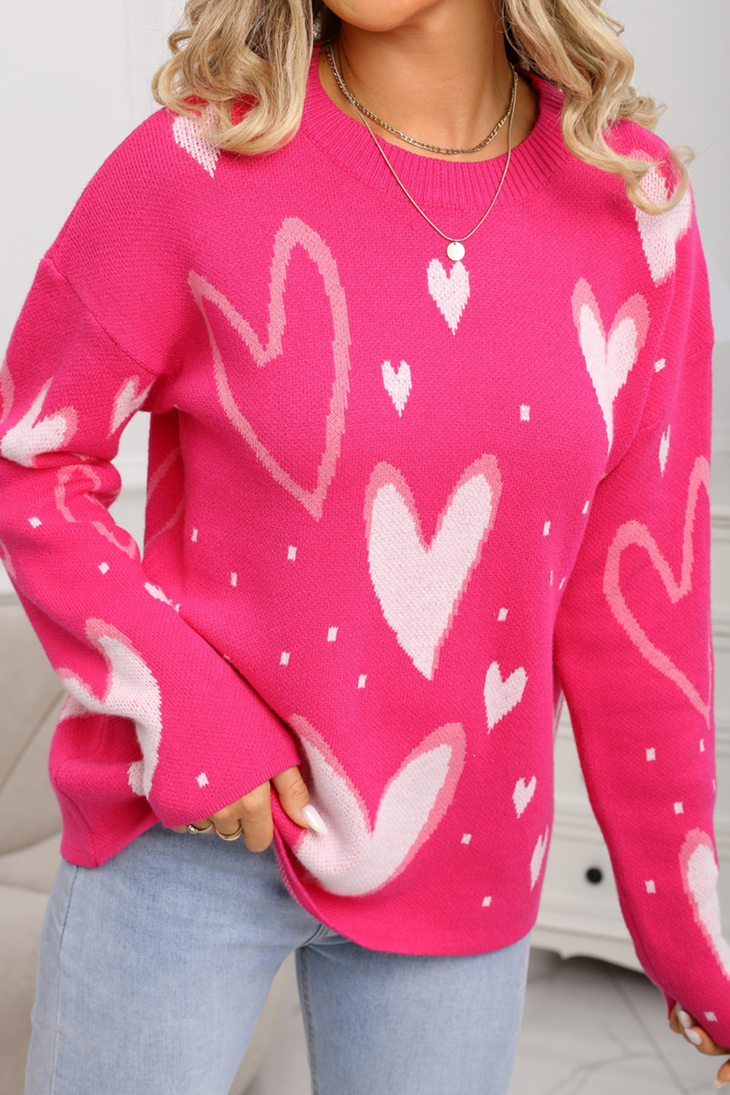 White Splendid Heart Print Valentines Day Sweater - loveforevers