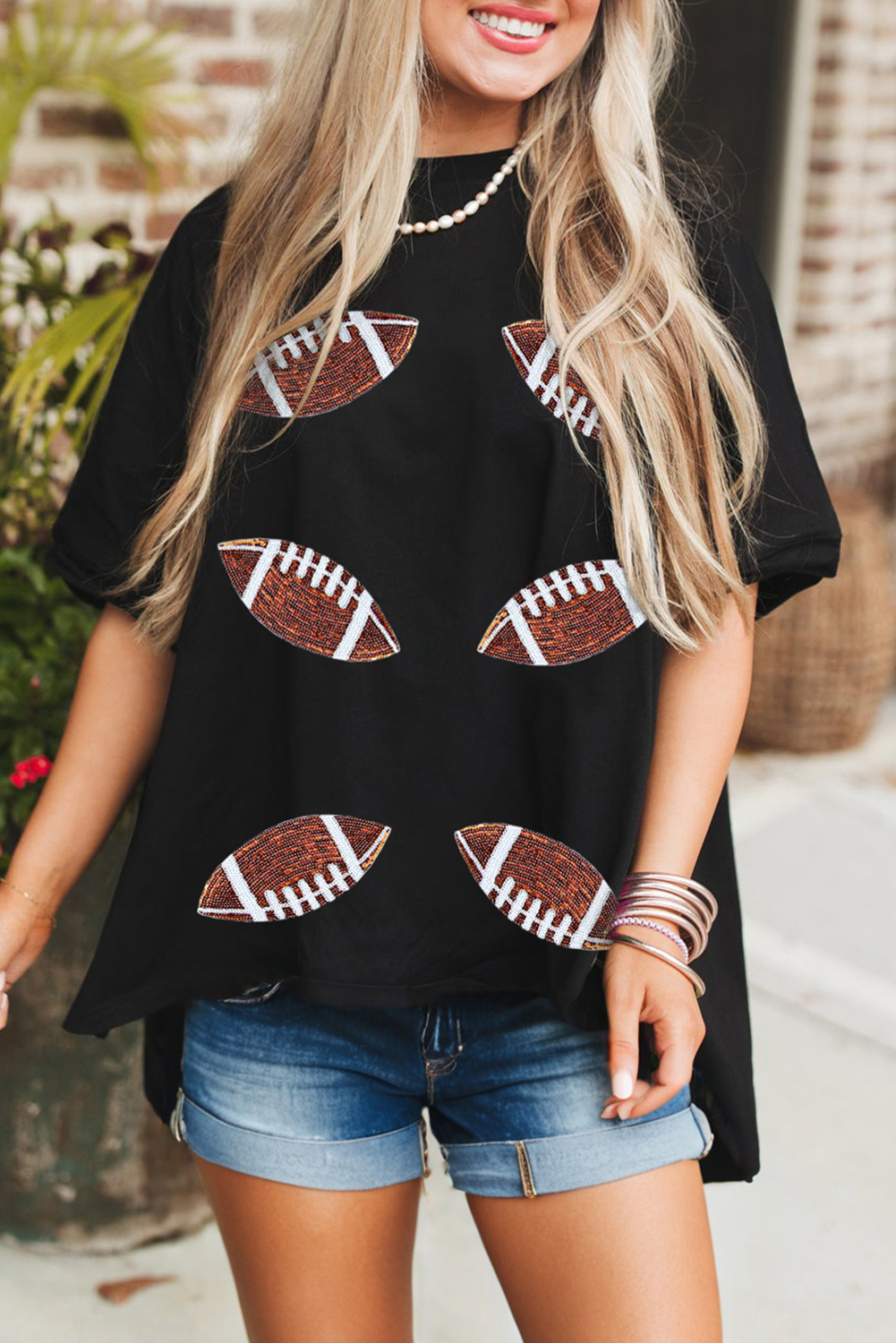 Black Sequin Rugby Football Patched Crewneck Loose T Shirt - loveforevers