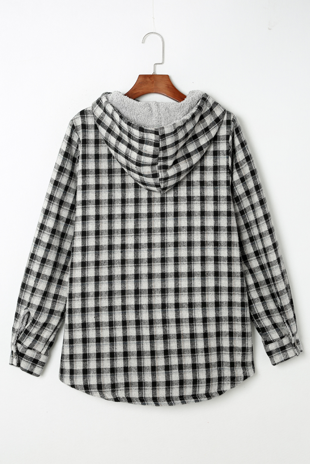 Black Plaid Pattern Sherpa Lined Hooded Shacket - loveforevers