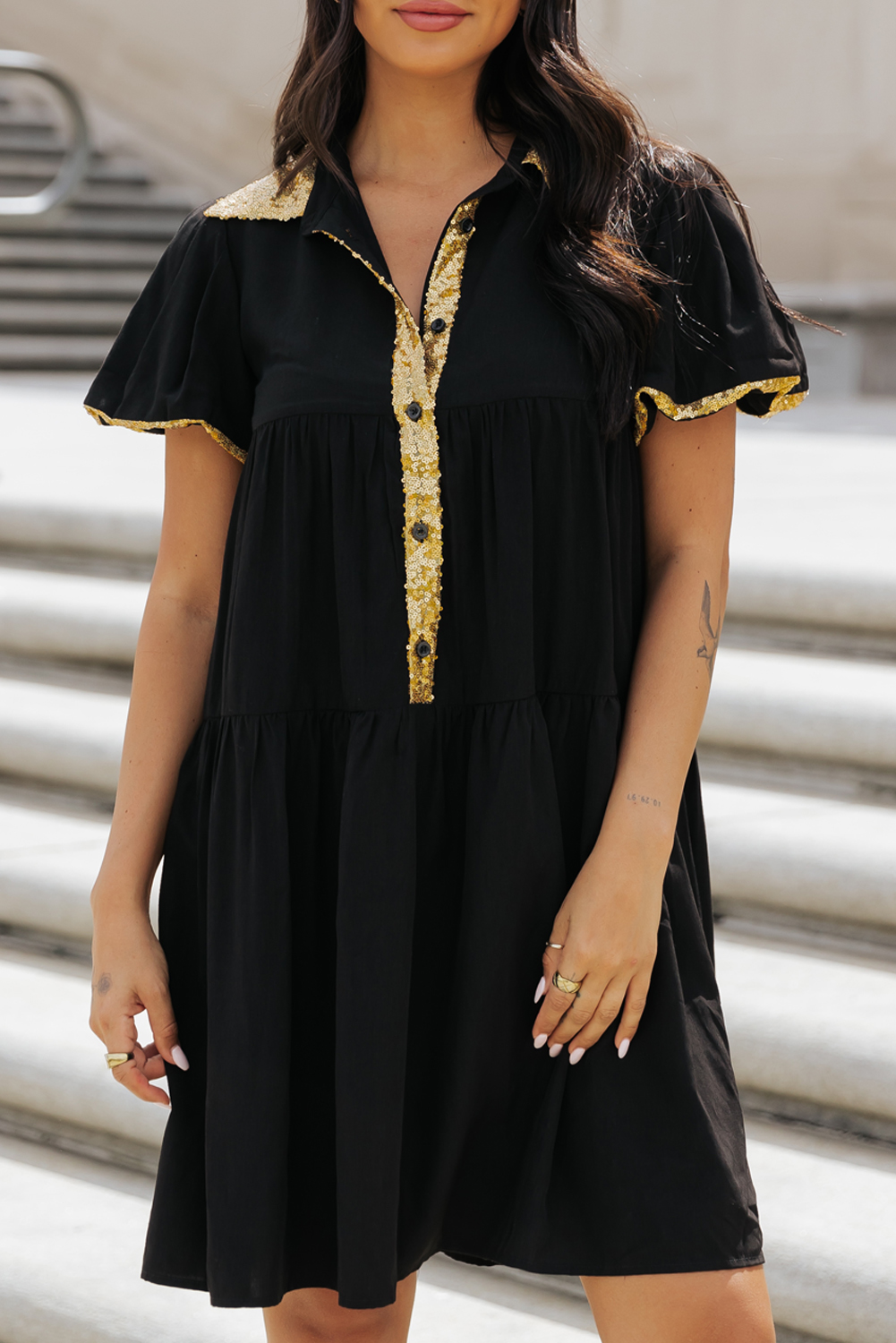 Black Sequin Trim Bubble Sleeve Game Day Shirt Dress - loveforevers