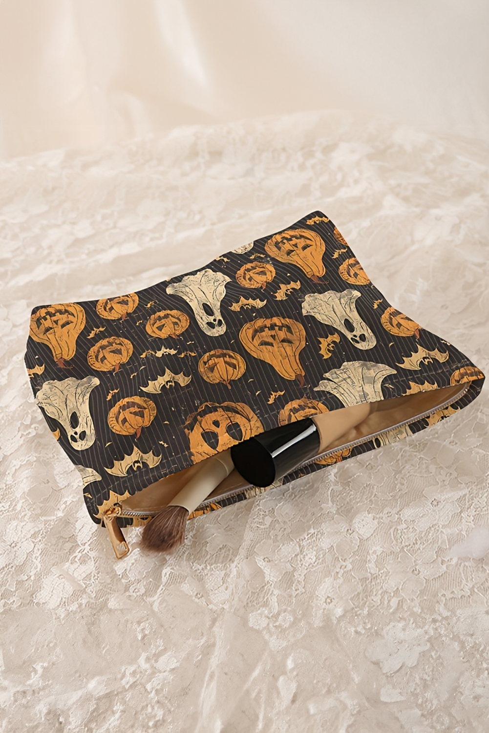 Black Striped Halloween Pumpkin Ghost Printed Makeup Bag - loveforevers