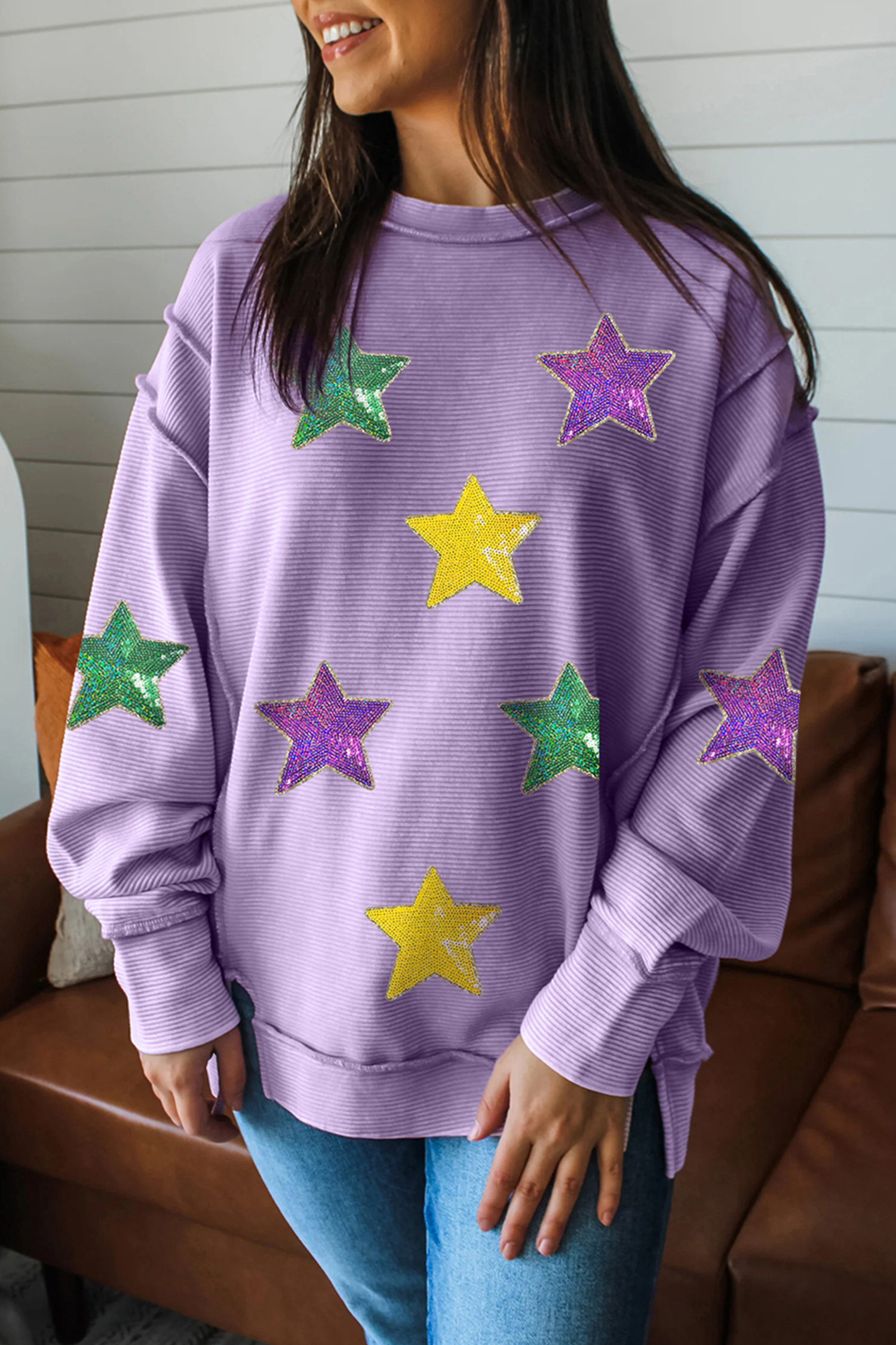 Lavendula Mardi Gras Holiday Sequined Star Patched Patterned Top - loveforevers