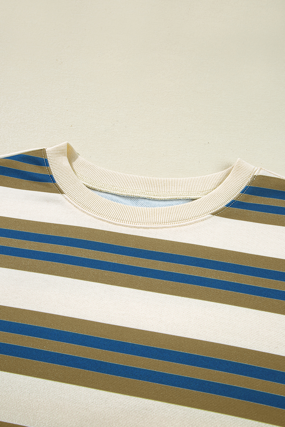 Khaki Stripe Crew Neck Drop Shoulder Pullover Sweatshirt - loveforevers