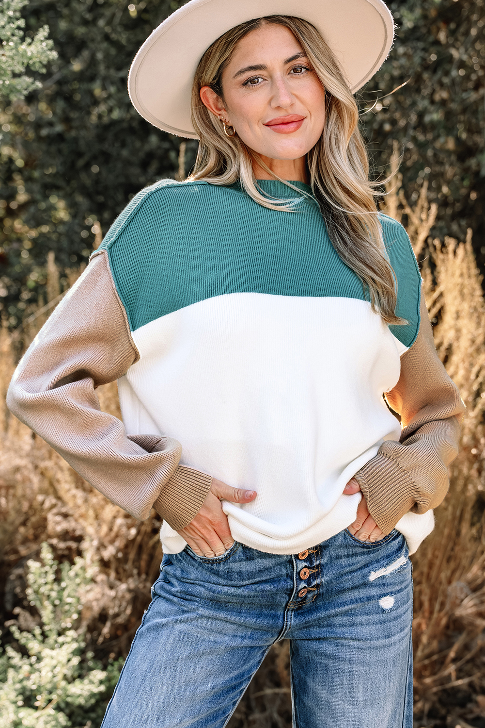 Green Color Block Plain Ribbed Knit Baggy Sweater - loveforevers
