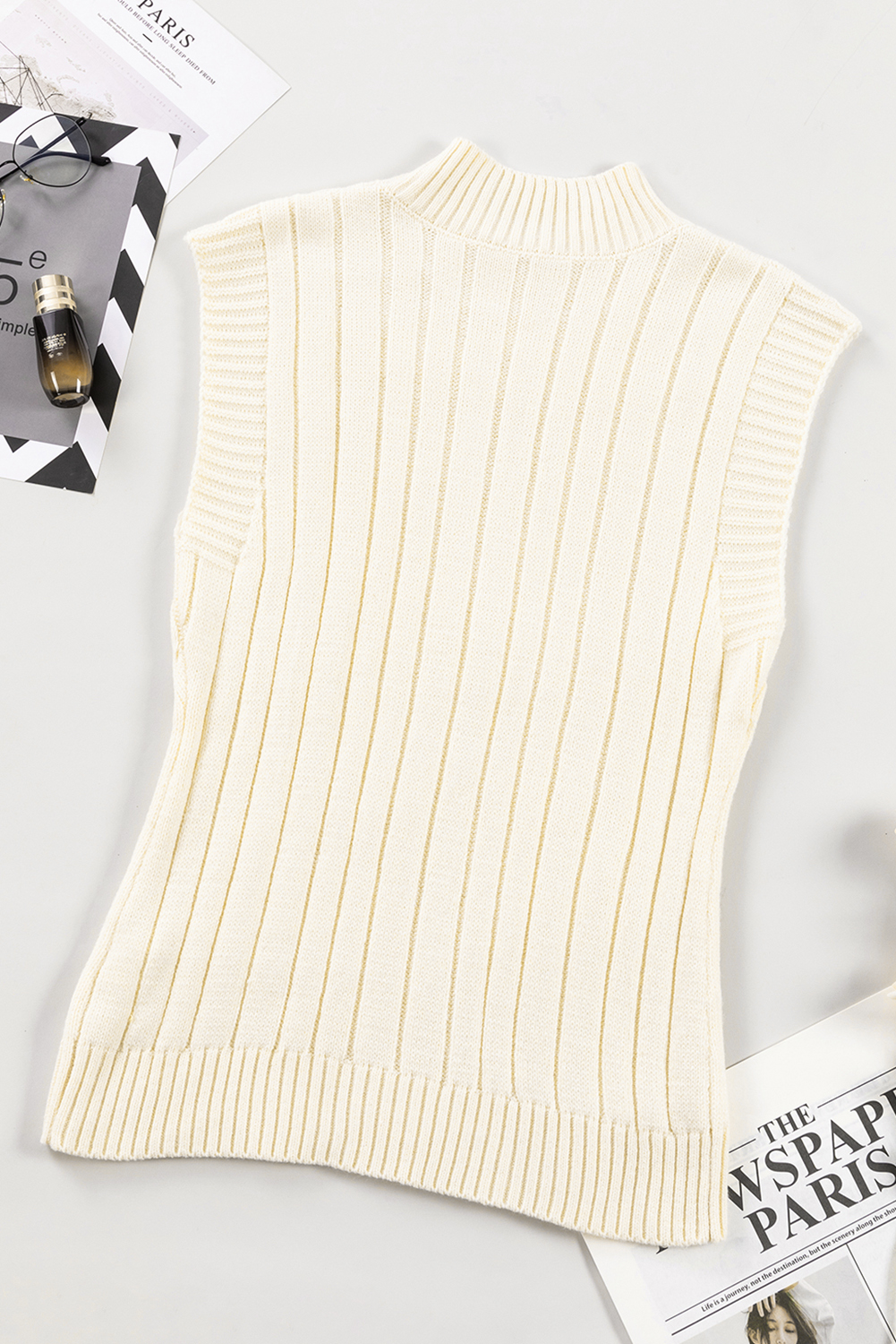 Oatmeal Cable Knit High Neck Sweater Vest - loveforevers