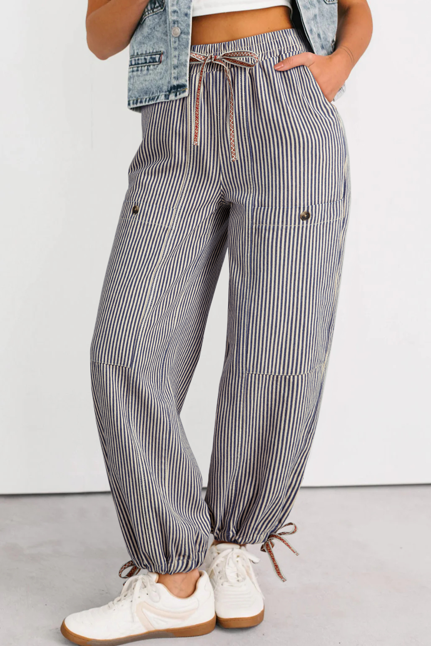 Khaki Stripe Button Patch Pocket Drawstring Elastic Waist Loose Pants - loveforevers