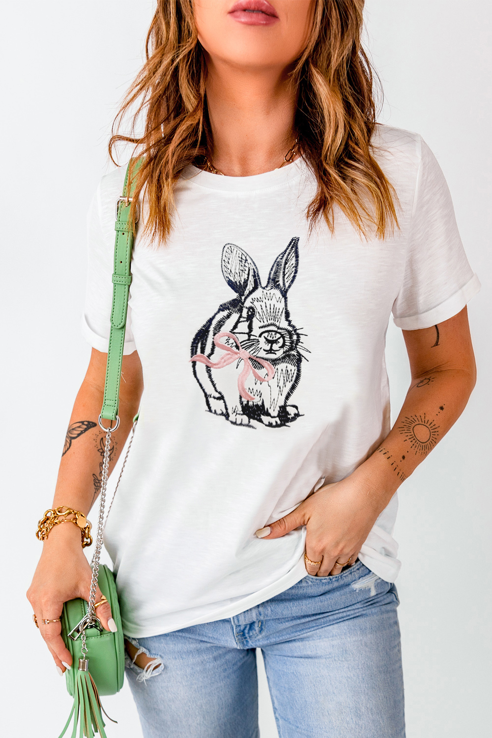 White Bunny Embroidered Bow Graphic Tee - loveforevers