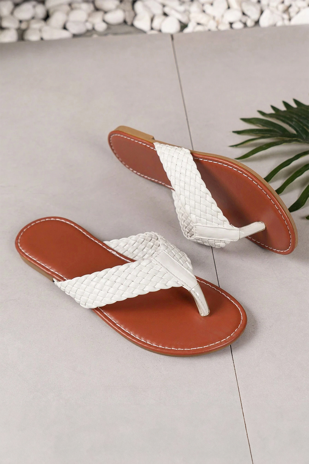 White Braided Strap PU Leather Flip Flop - loveforevers