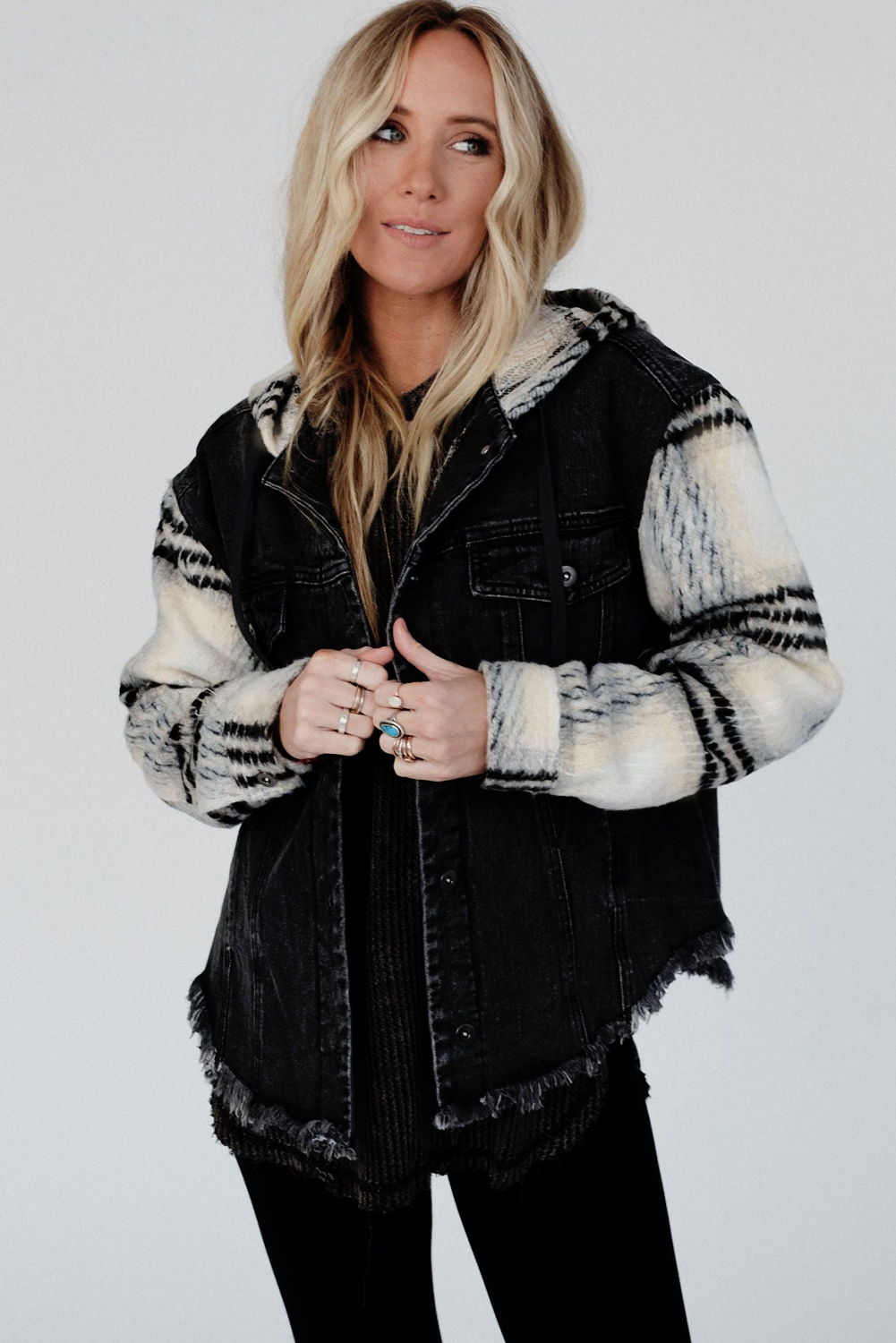 Black Plaid Sleeve Frayed Hem Hooded Denim Jacket - loveforevers