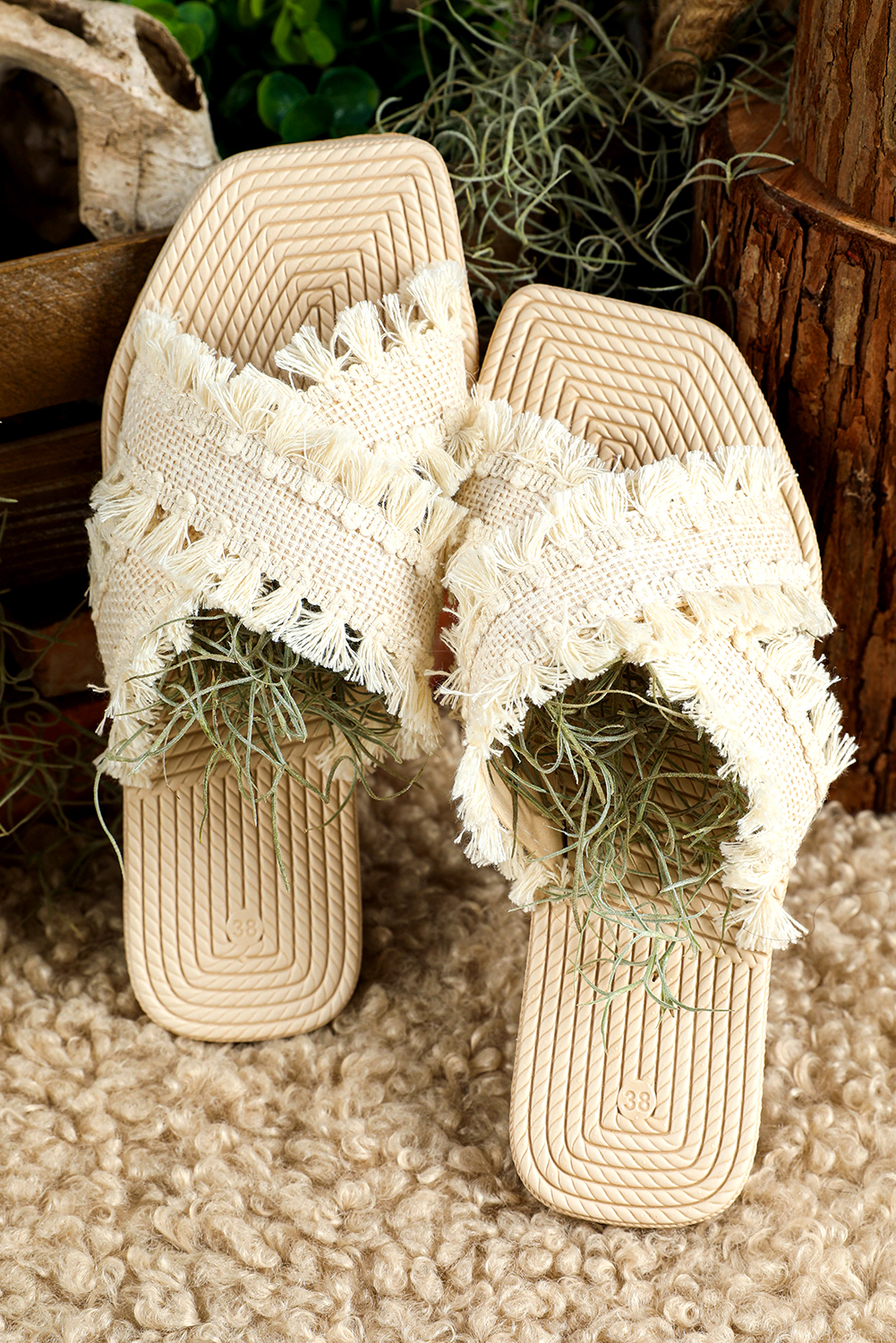 Beige Tassel Woven Crossed Straps Flat Slippers - loveforevers