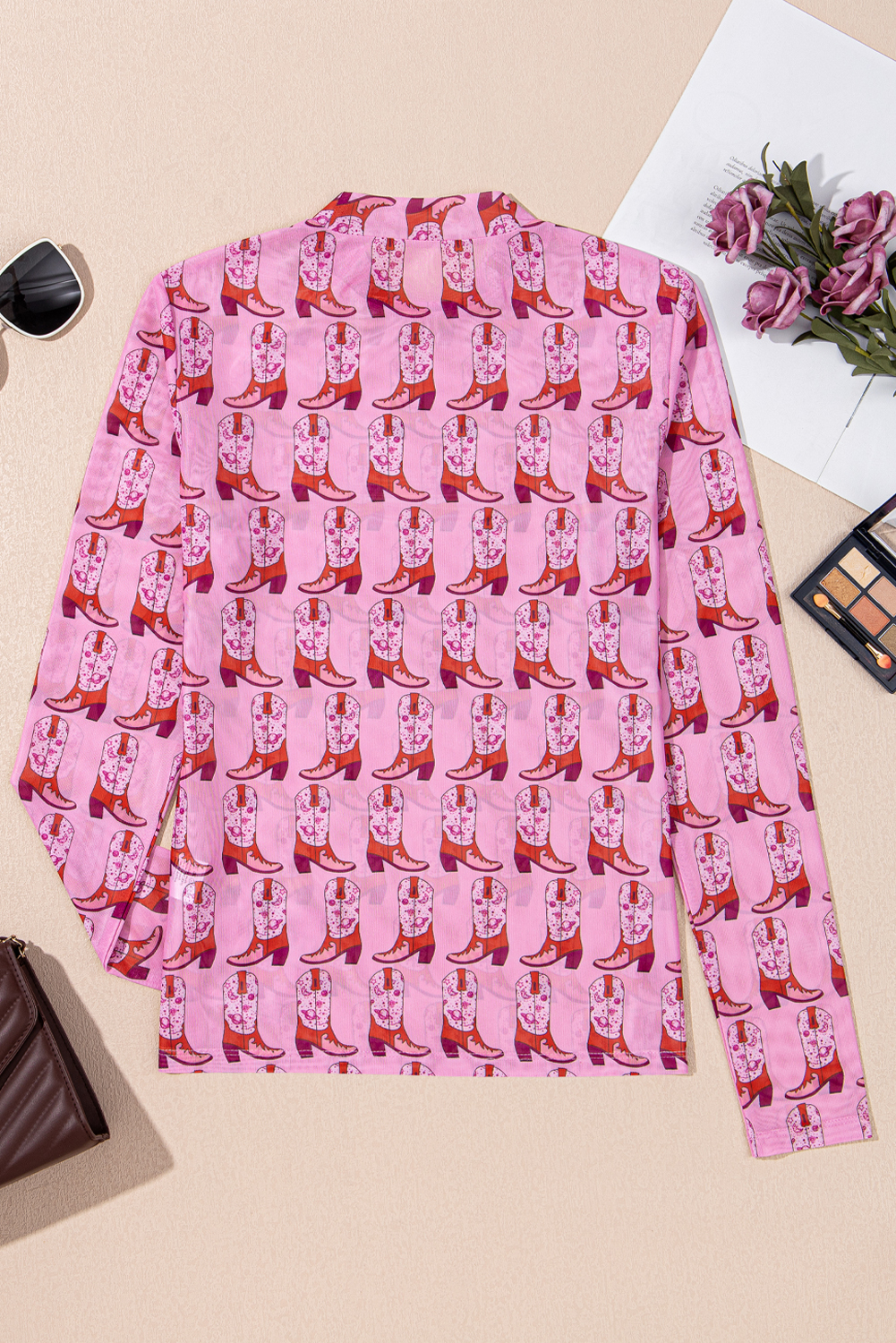 Pink Cowgirl Boots Printed Mock Neck Long Sleeve Mesh Top - loveforevers