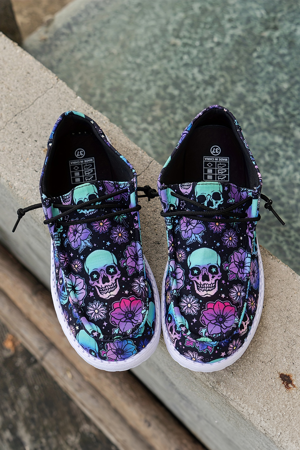 Dark Blue Sugar Skull Print Lace-up Detail Halloween Flat Shoes - loveforevers