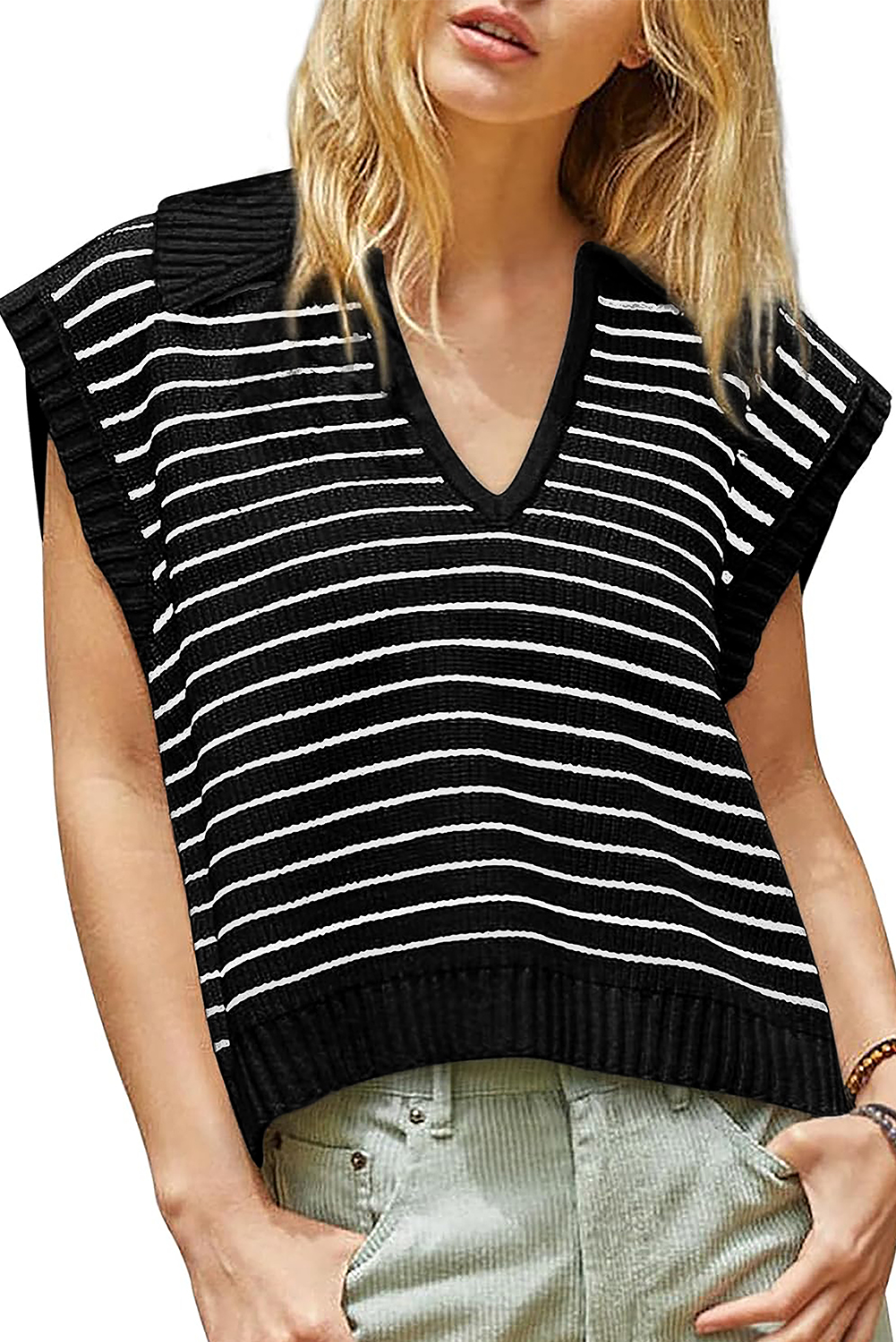 Beige Stripe Turn-down V Neck Sweater Tank Top - loveforevers