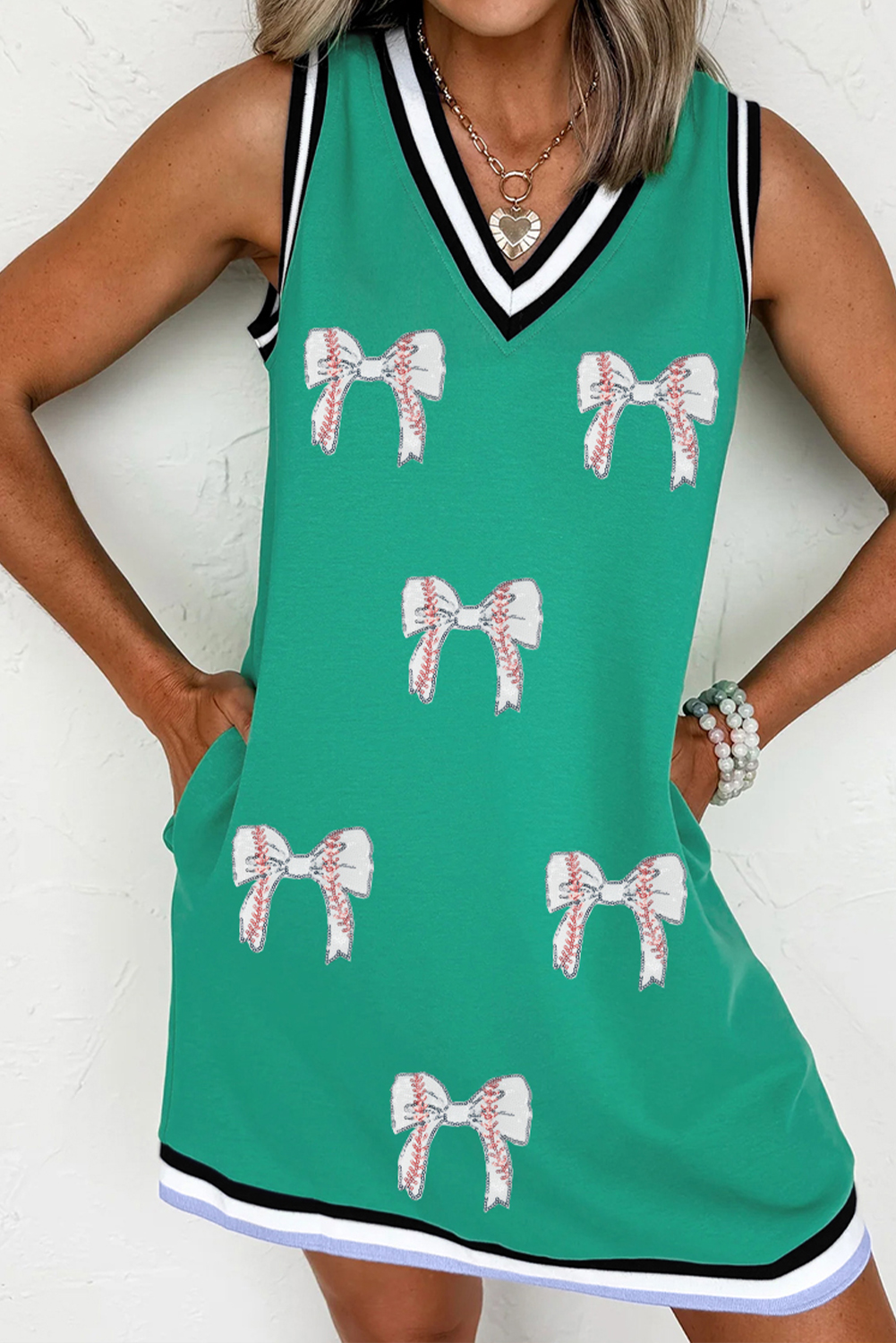 Mint Green Varsity Contrast Striped V Neck Long Sleeve T Shirt Dress with Pockets - loveforevers