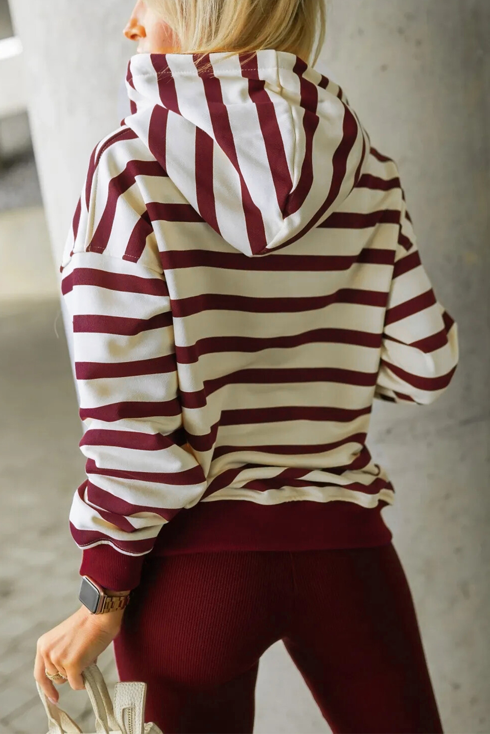 Red Stripe Pullover Hoodie Ribbed Solid Pants 2pcs Set Outfit - loveforevers