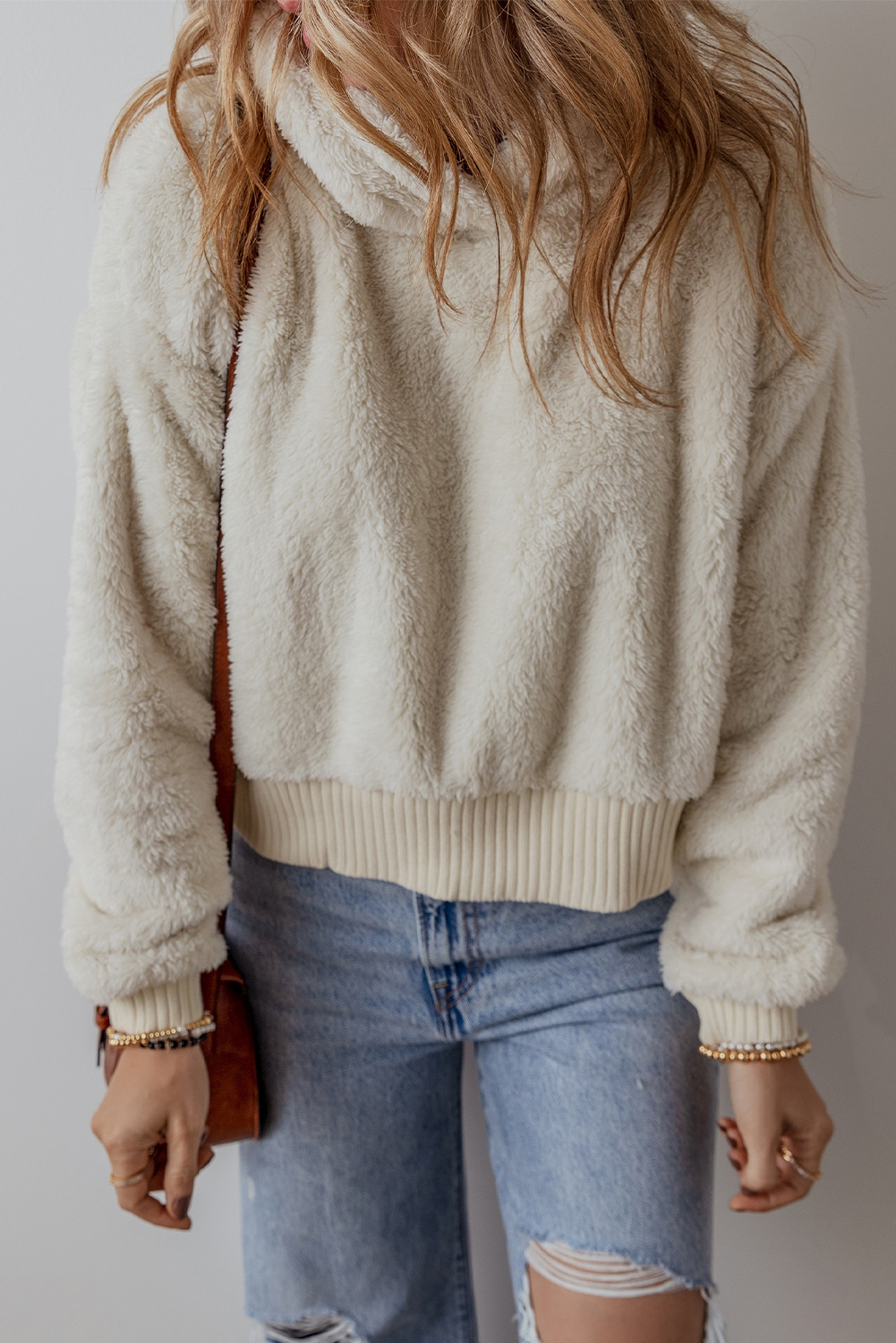 White Contrast Ribbed Edge Plush Hoodie - loveforevers