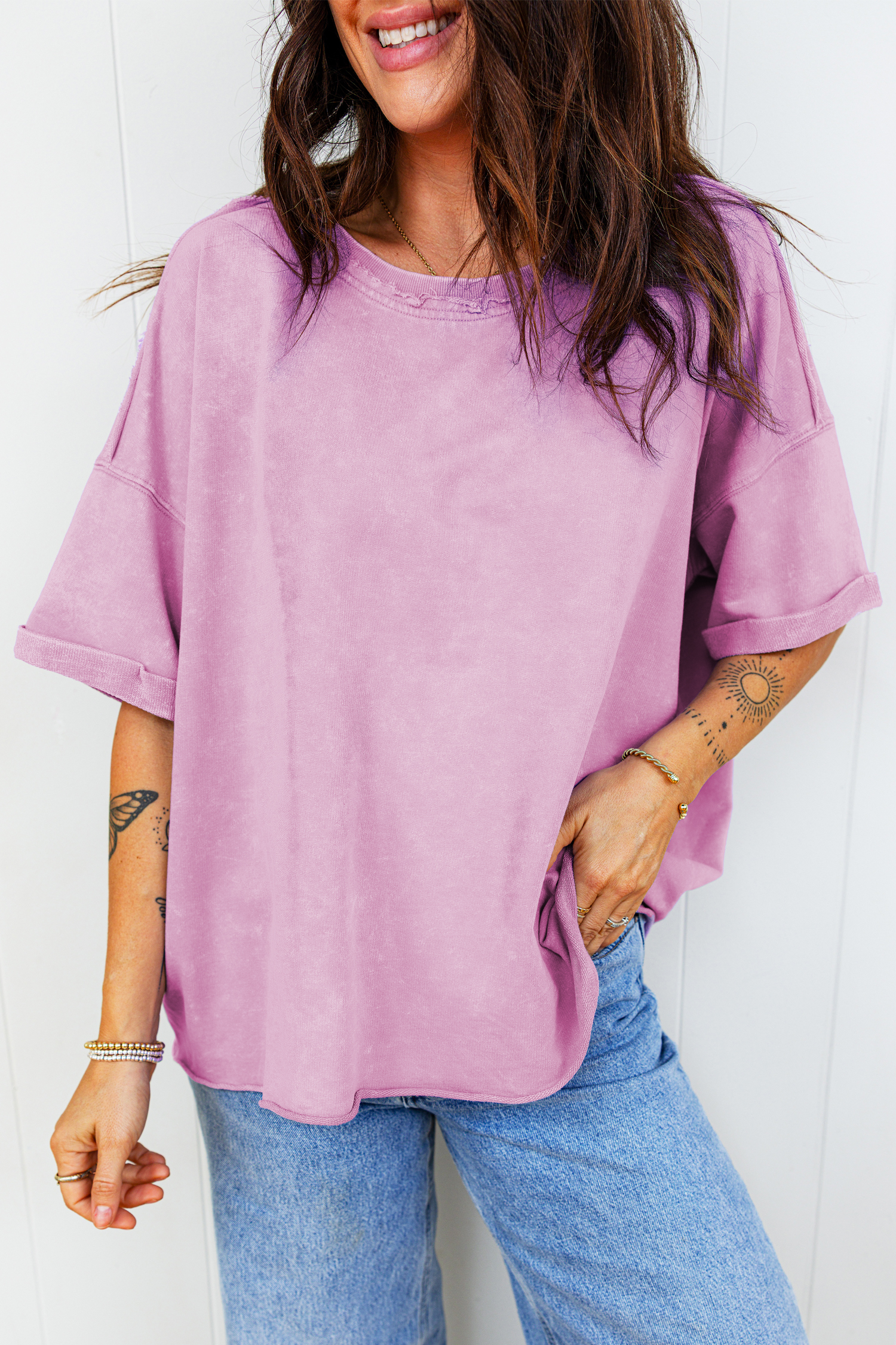 Lavendula Mineral Wash Drop Shoulder Raw Edge Loose Tee - loveforevers
