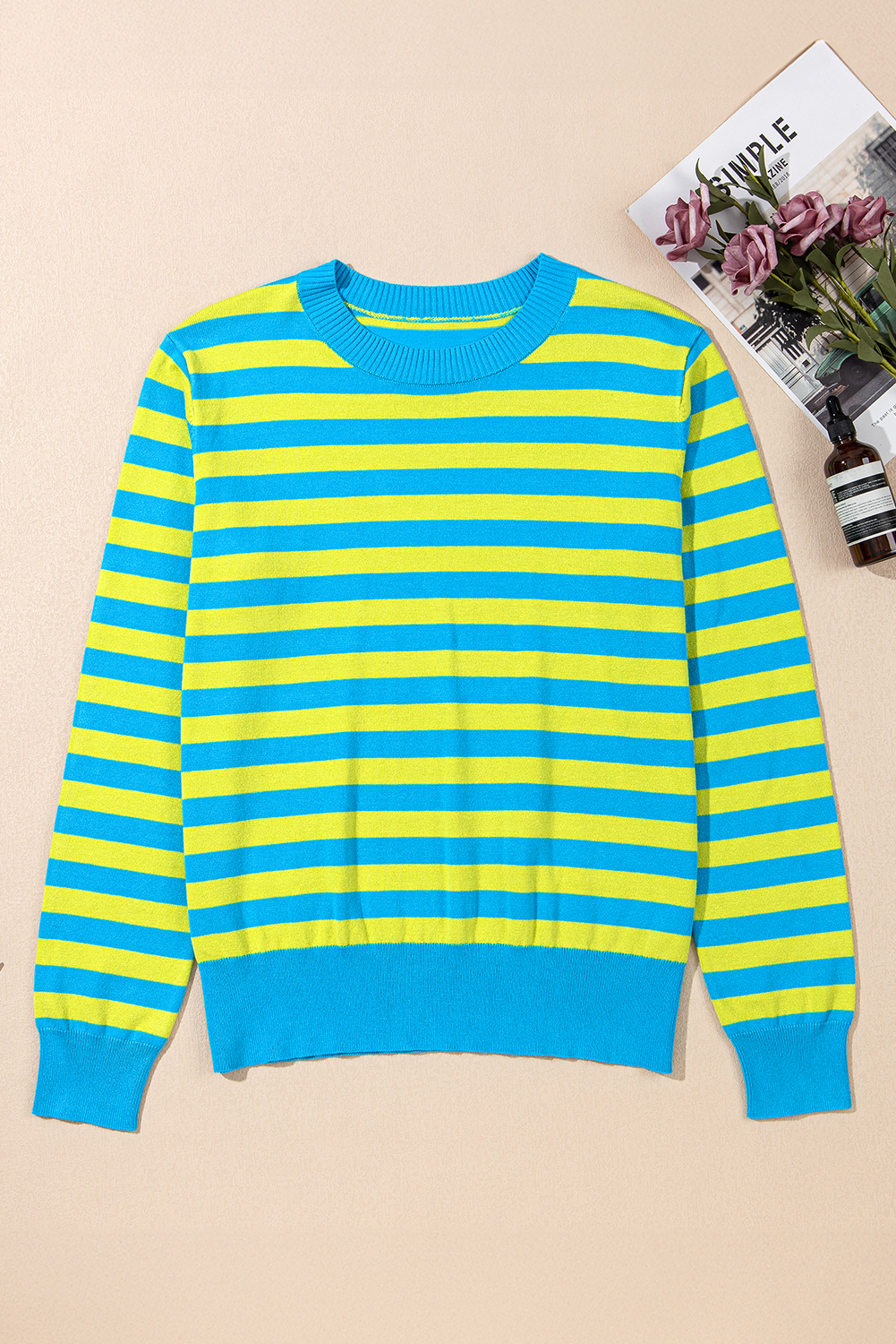 Green Stripe Crew Neck Drop Shoulder Casual Sweater - loveforevers