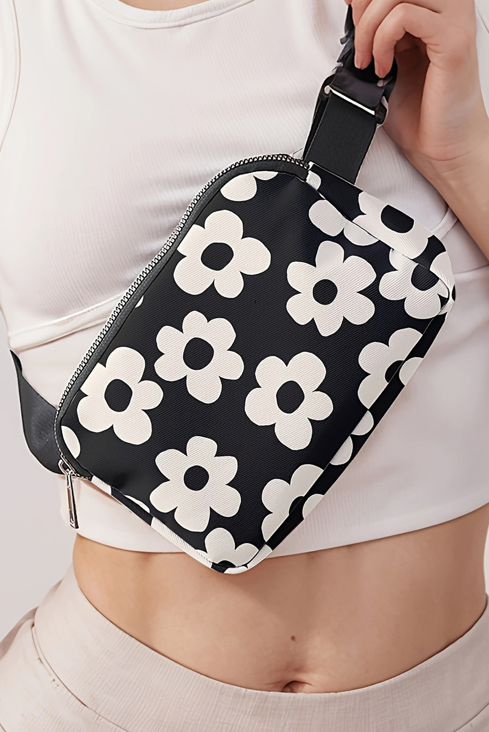 Black Flower Pattern Zipper Cross Body Bag - loveforevers