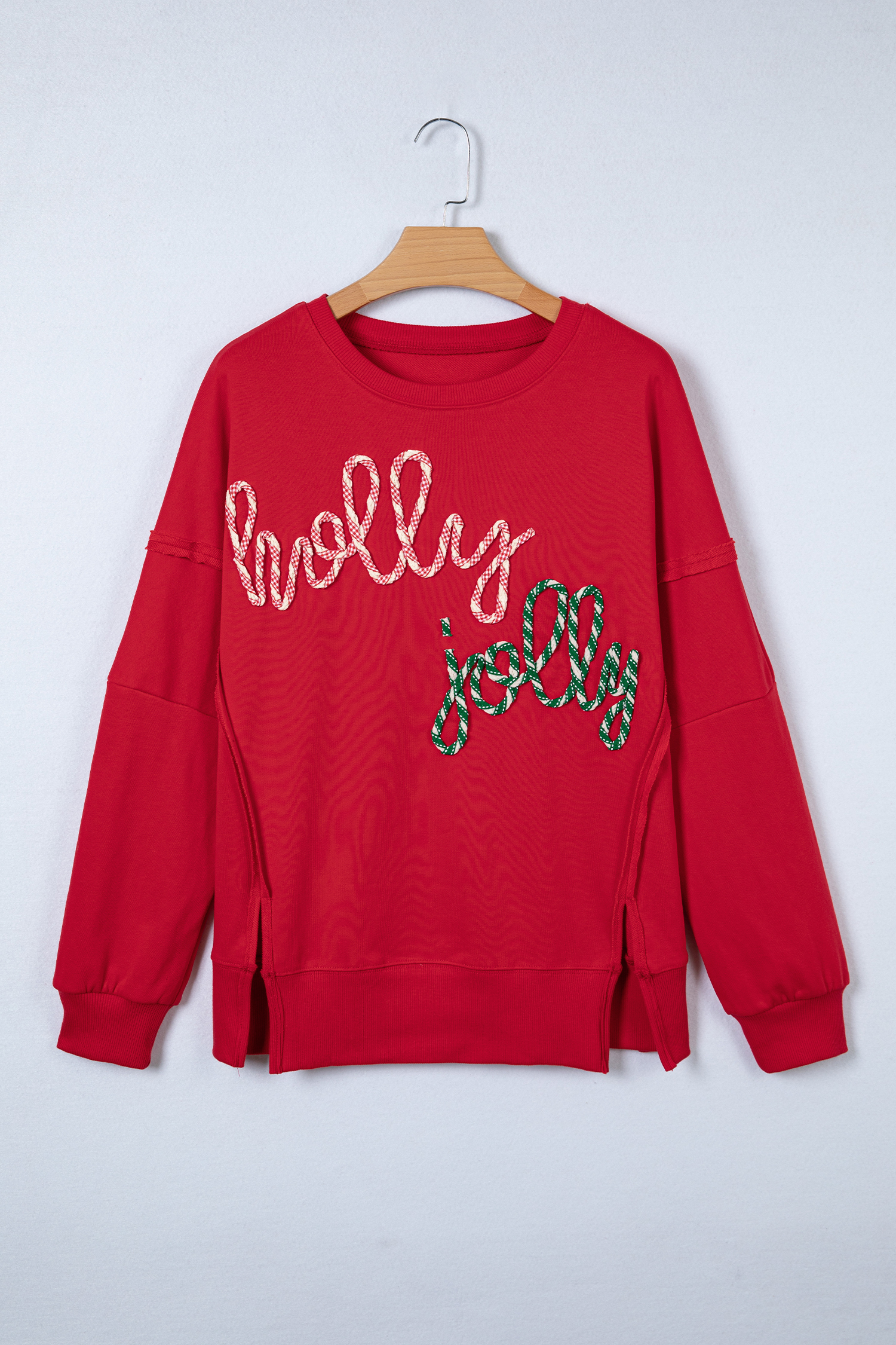 Racing Red Holly Jolly Embroidered Graphic Baggy Sweatshirt - loveforevers