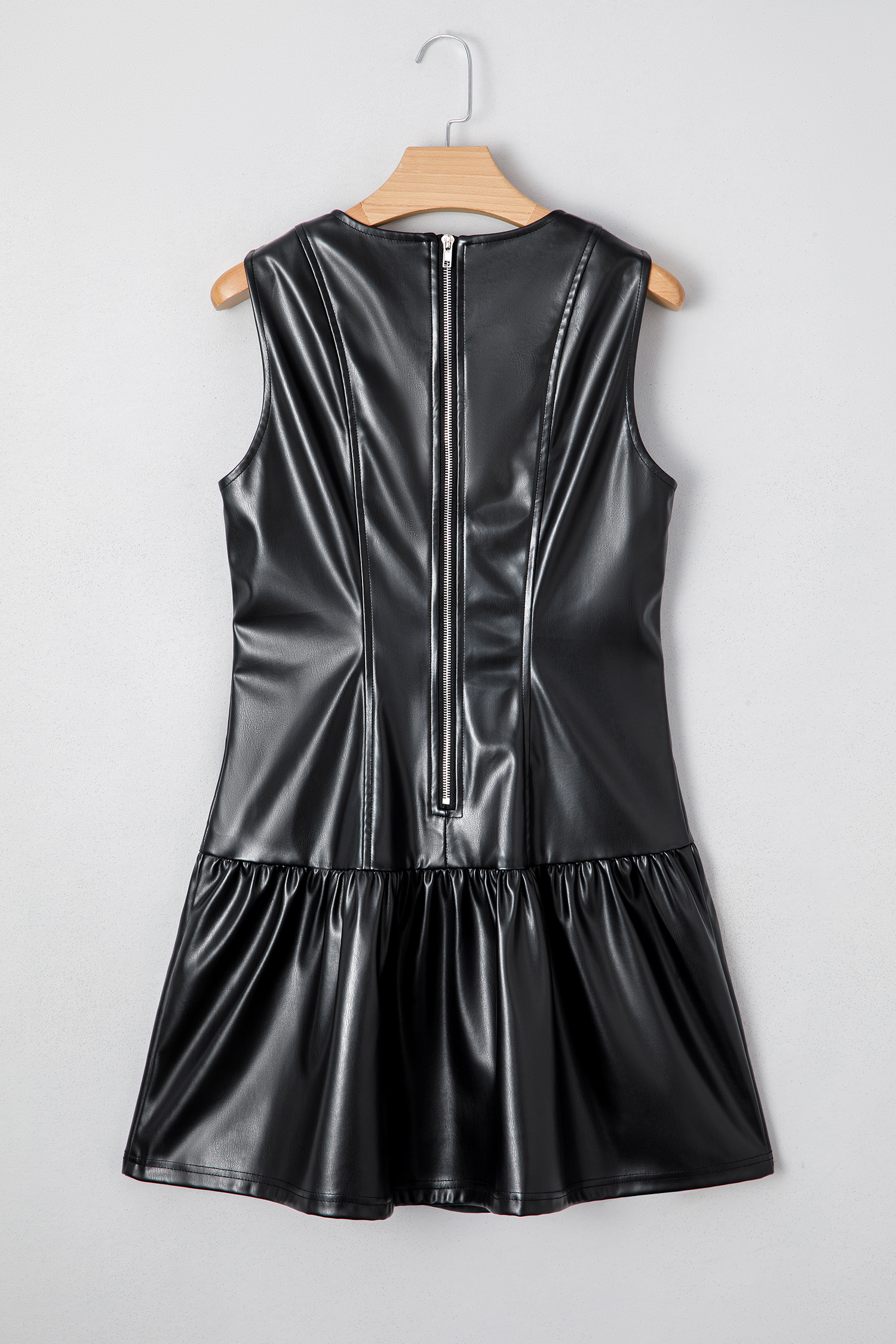Black Faux Leather Ruffle Hem Sleeveless Mini Dress - loveforevers