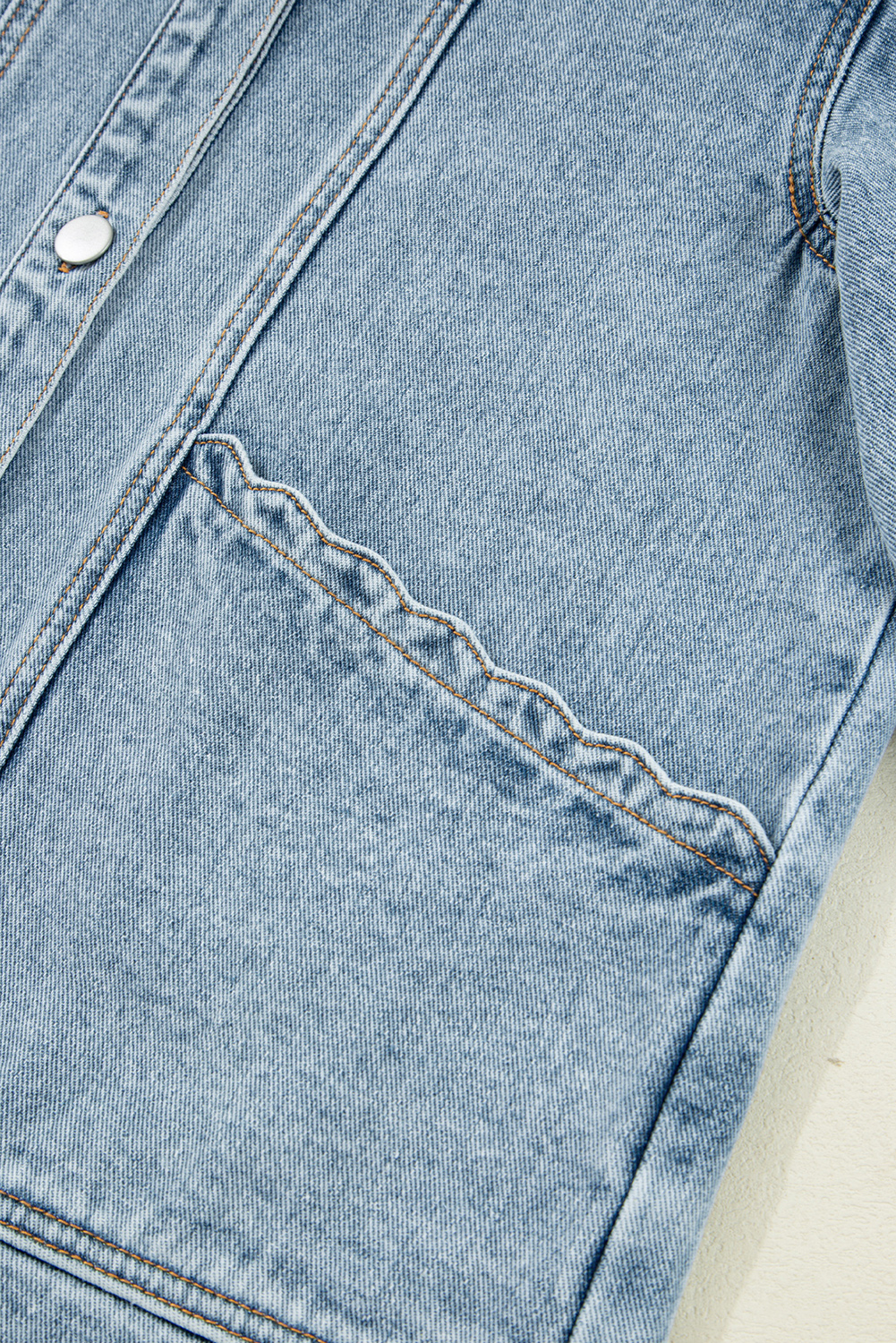 Myosotis Scallop Trim Collar Patched Pocket Button Up Mineral Washed Denim Jacket - loveforevers