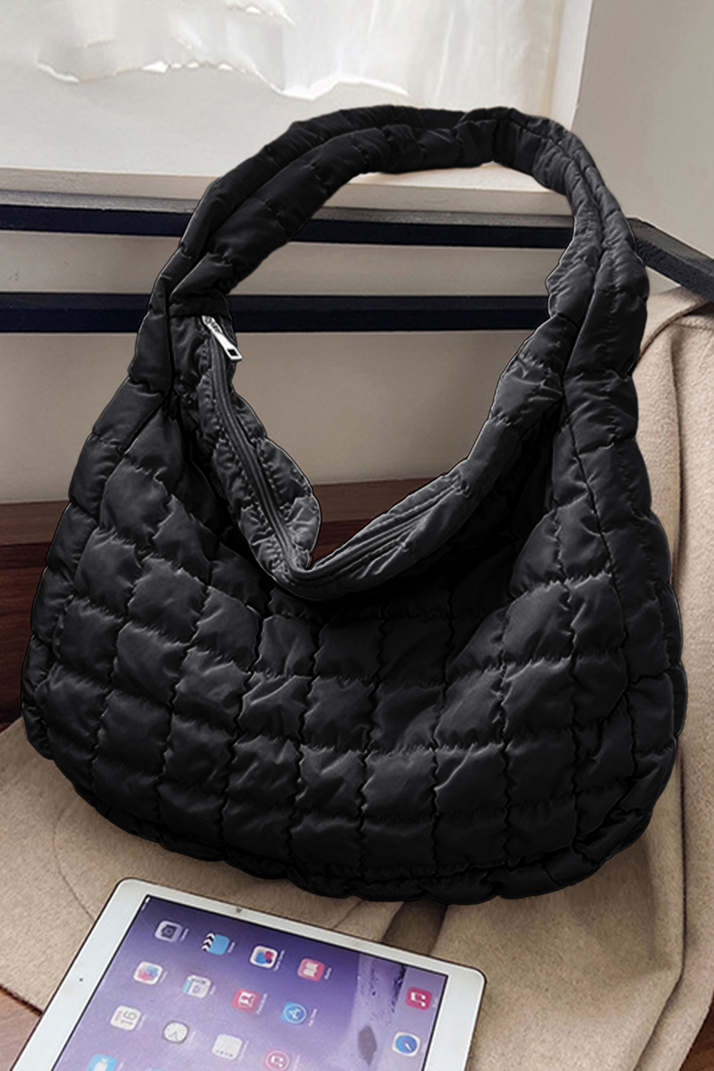Black Quilted Zipper Large Shoulder Bag - loveforevers