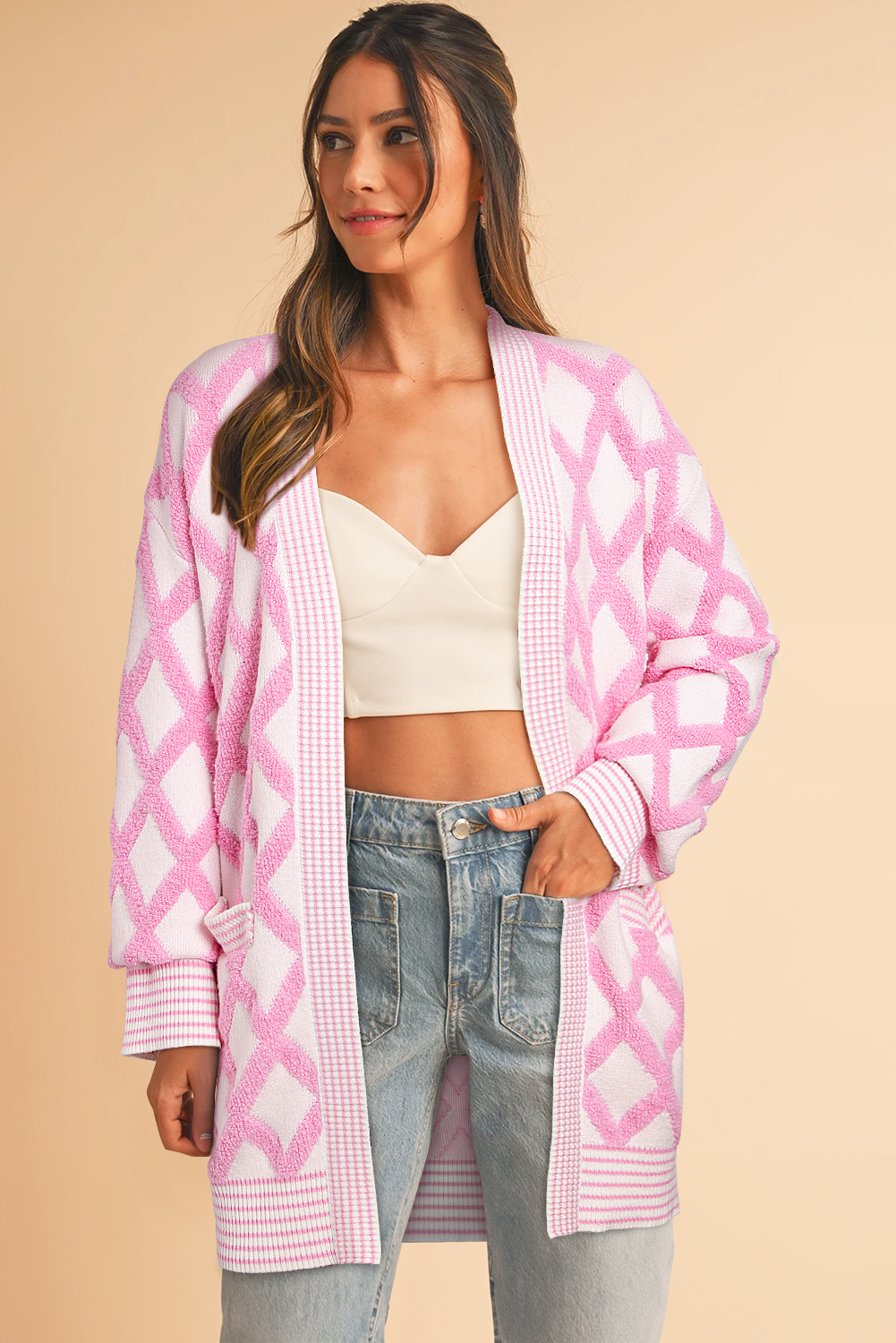 Pink Rhombus Pattern Knit Open Front Pocketed Cardigans - loveforevers