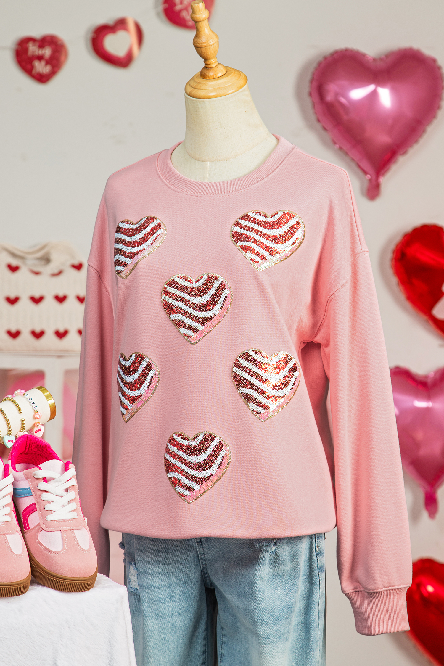 Pink Sequined Valentine Heart Print Round Neck Sweatshirt - loveforevers