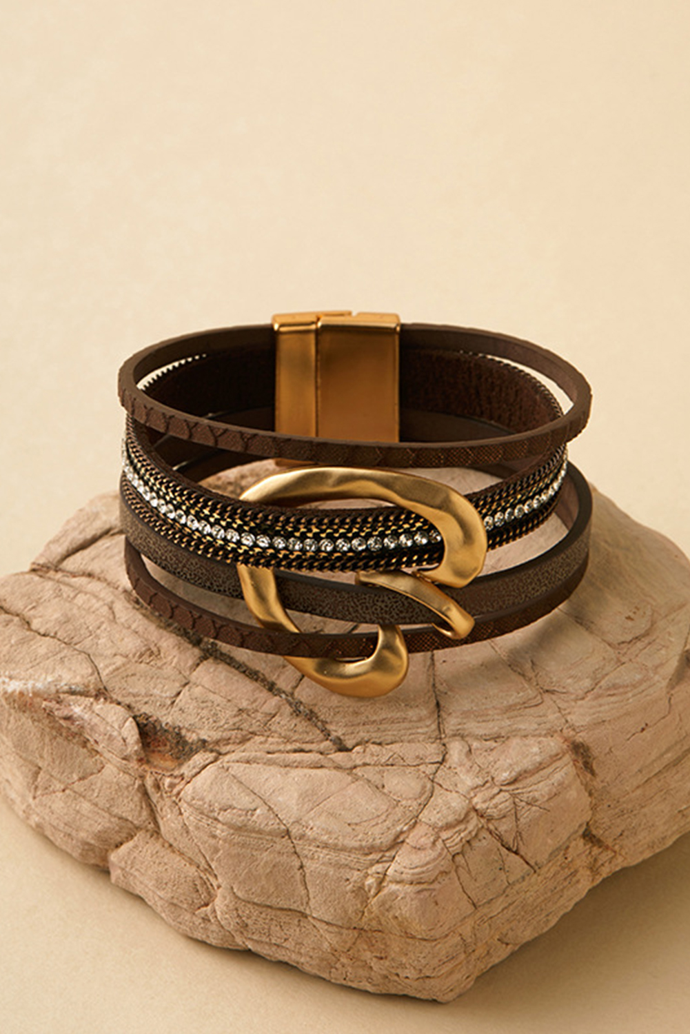 Coffee PU Leather Straps Rhinestone Embedded Retro Magnetic Buckle Bracelet - loveforevers