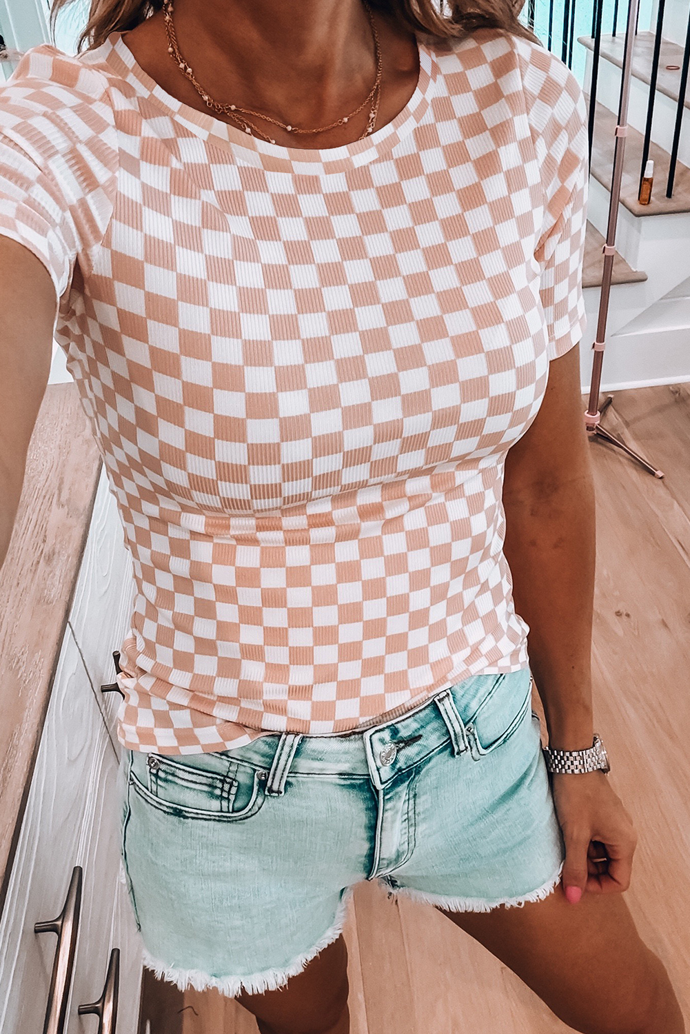 Pink Checkered Ribbed Slim Fit Crew Neck T Shirt - loveforevers