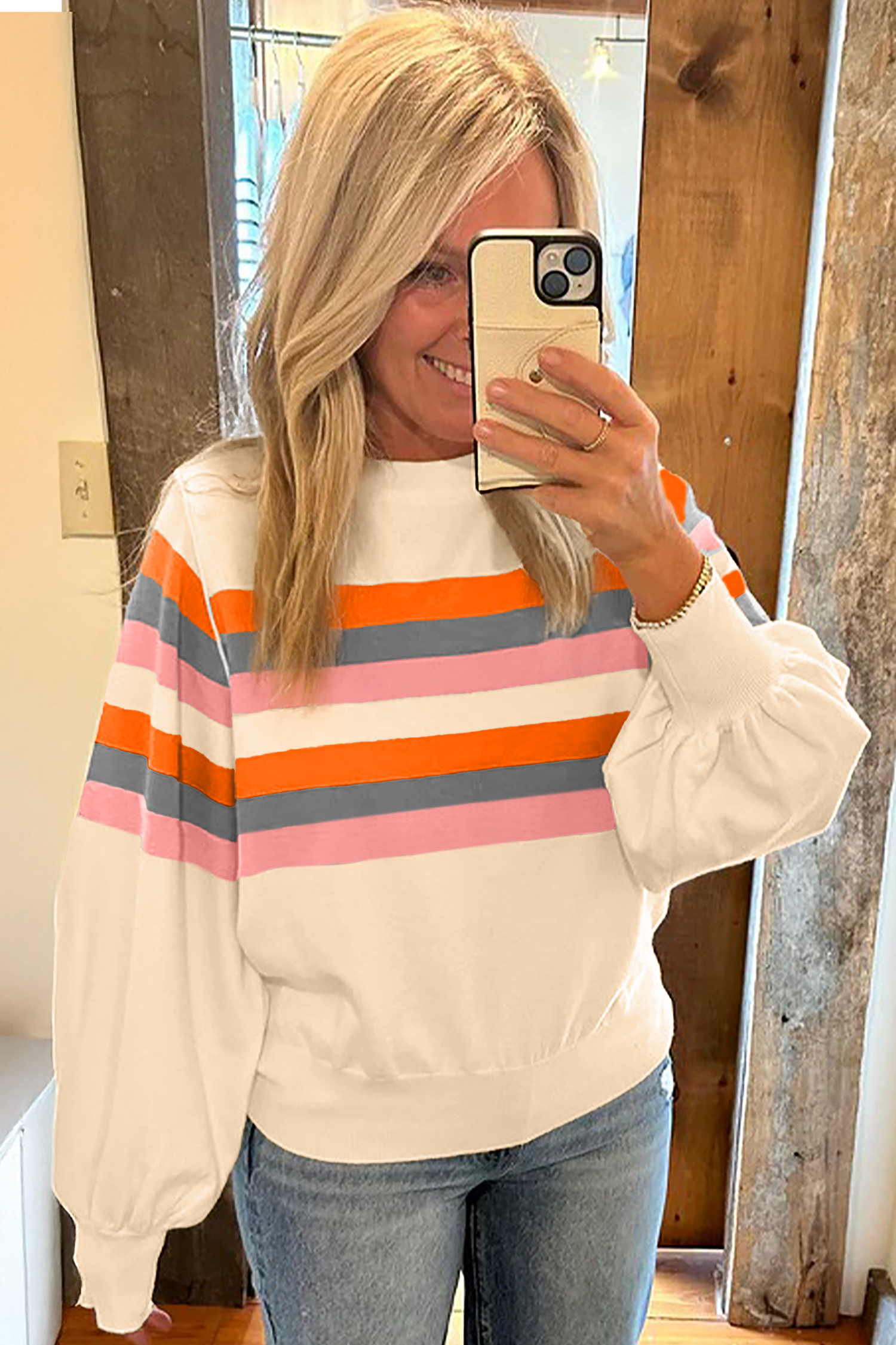 Beige Stripe Puff Sleeve Casual Pullover Sweatshirt - loveforevers