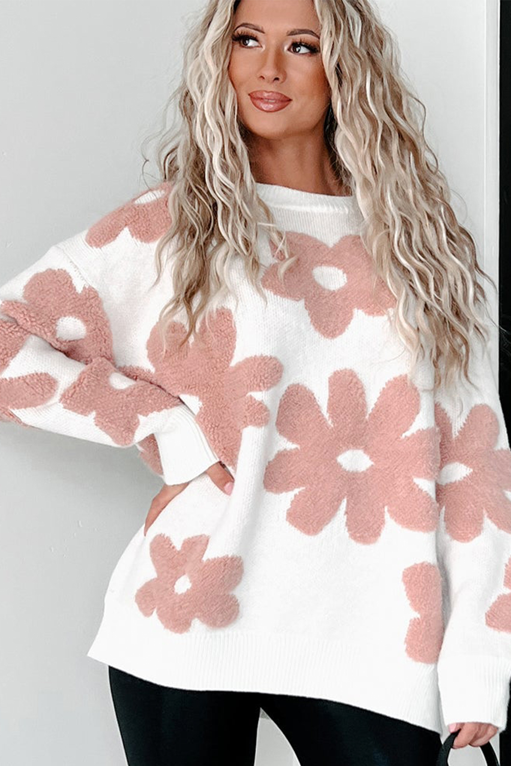 White Textured Flower Drop Shoulder Loose Sweater - loveforevers