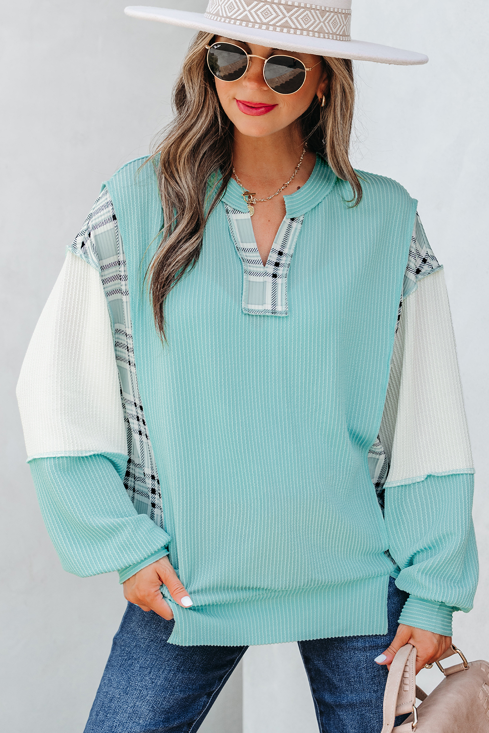 Aruba Blue Corded Texture Colorblock Patchwork Split Neck Long Sleeve Top - loveforevers